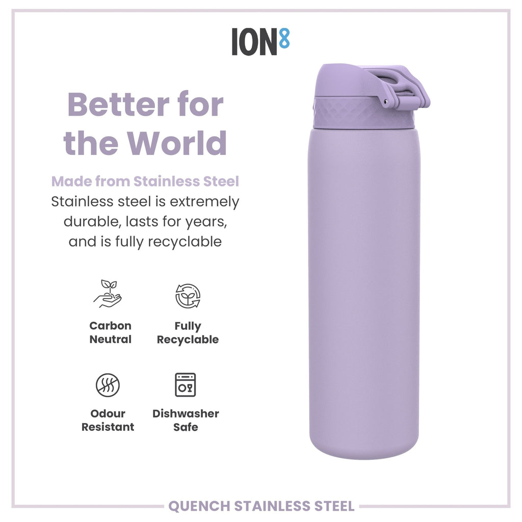 Light purple ION8 stainless steel water bottle, leak-proof 1-liter capacity, durable steel construction, ideal for hydration on the go.