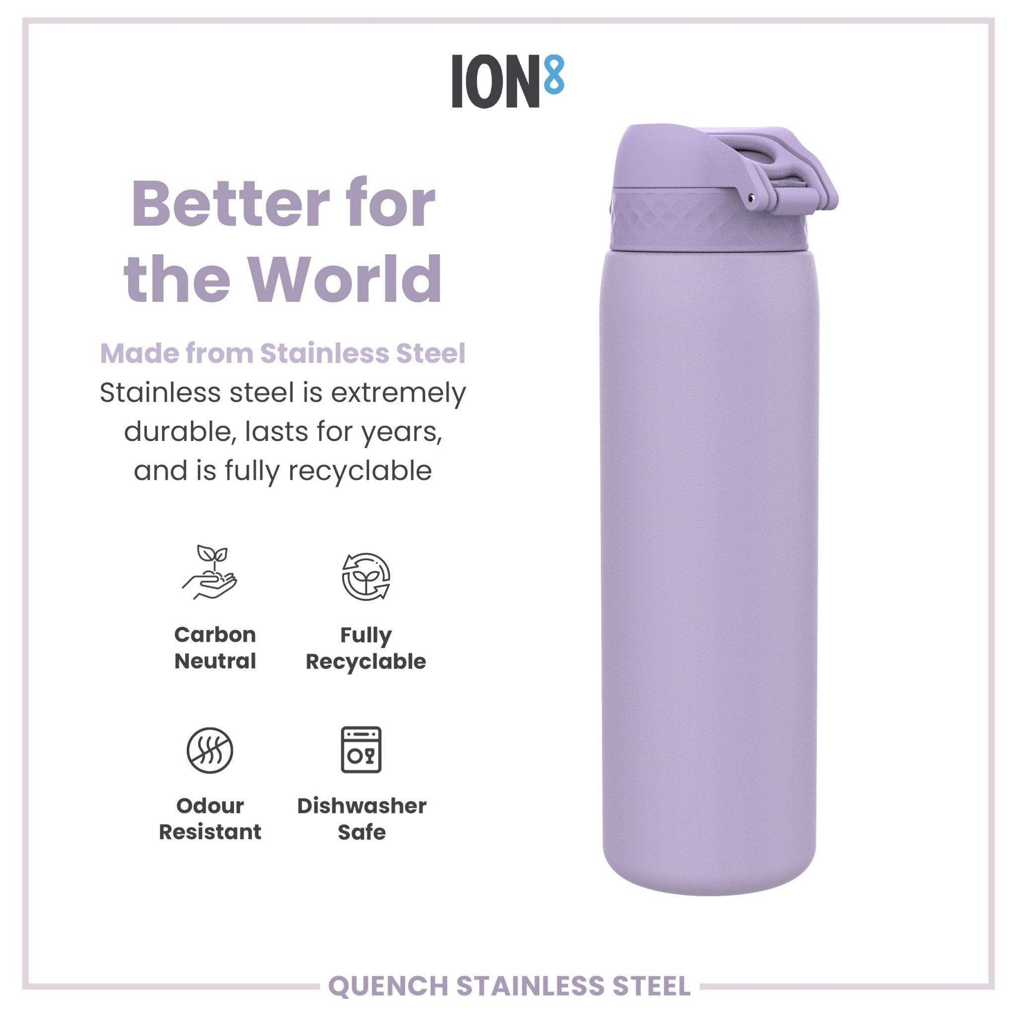 Light purple ION8 stainless steel water bottle, leak-proof 1-liter capacity, durable steel construction, ideal for hydration on the go.