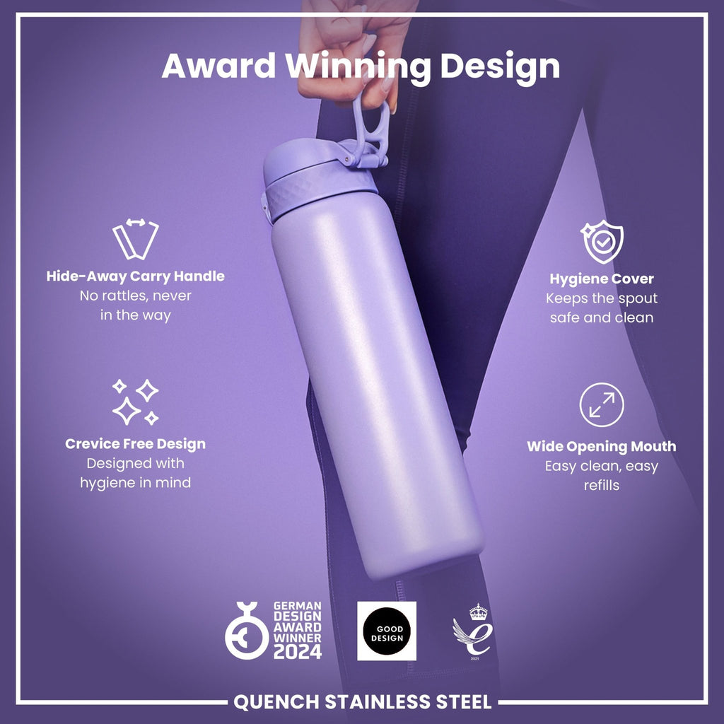 Light purple stainless steel ION8 1-liter leak-proof water bottle with a secure lid, designed for durable hydration.