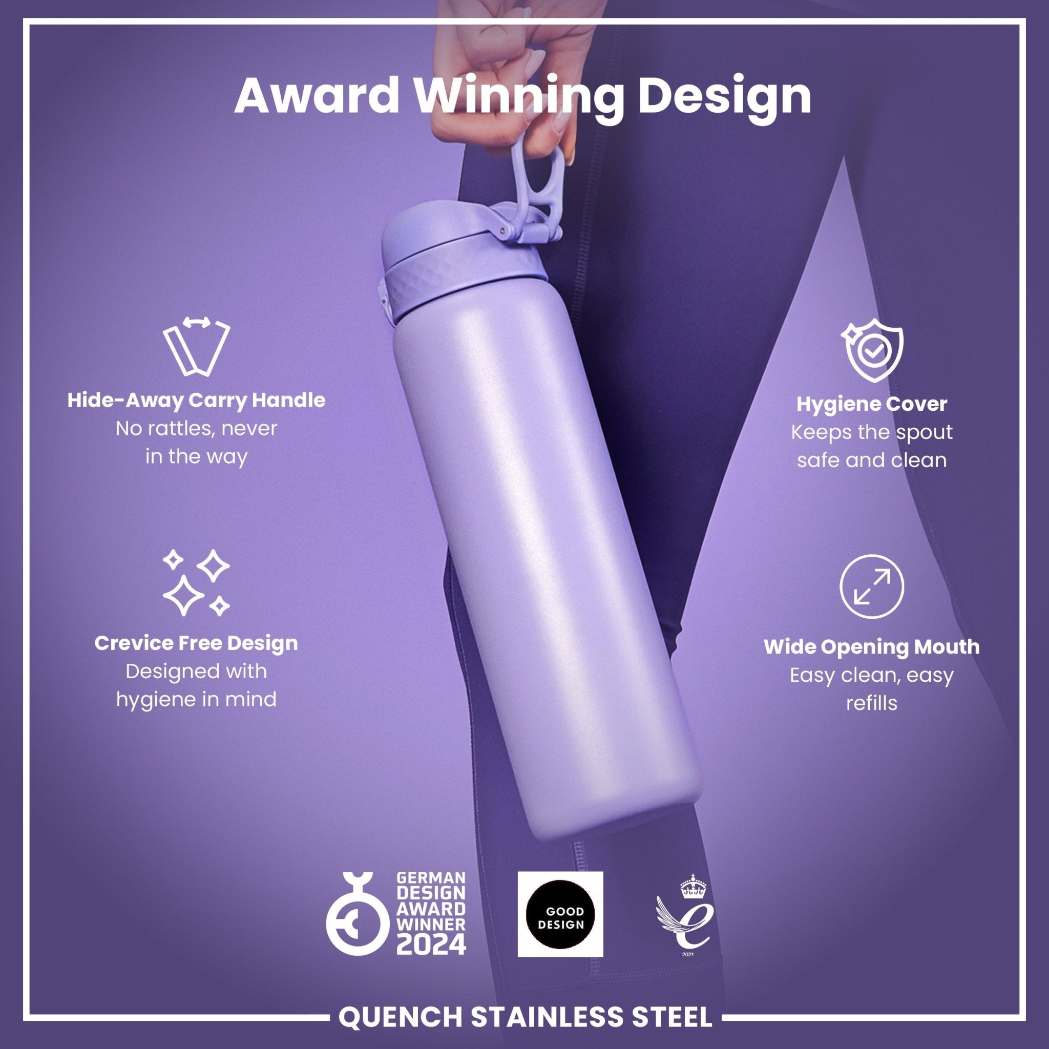 Light purple stainless steel ION8 1-liter leak-proof water bottle with a secure lid, designed for durable hydration.