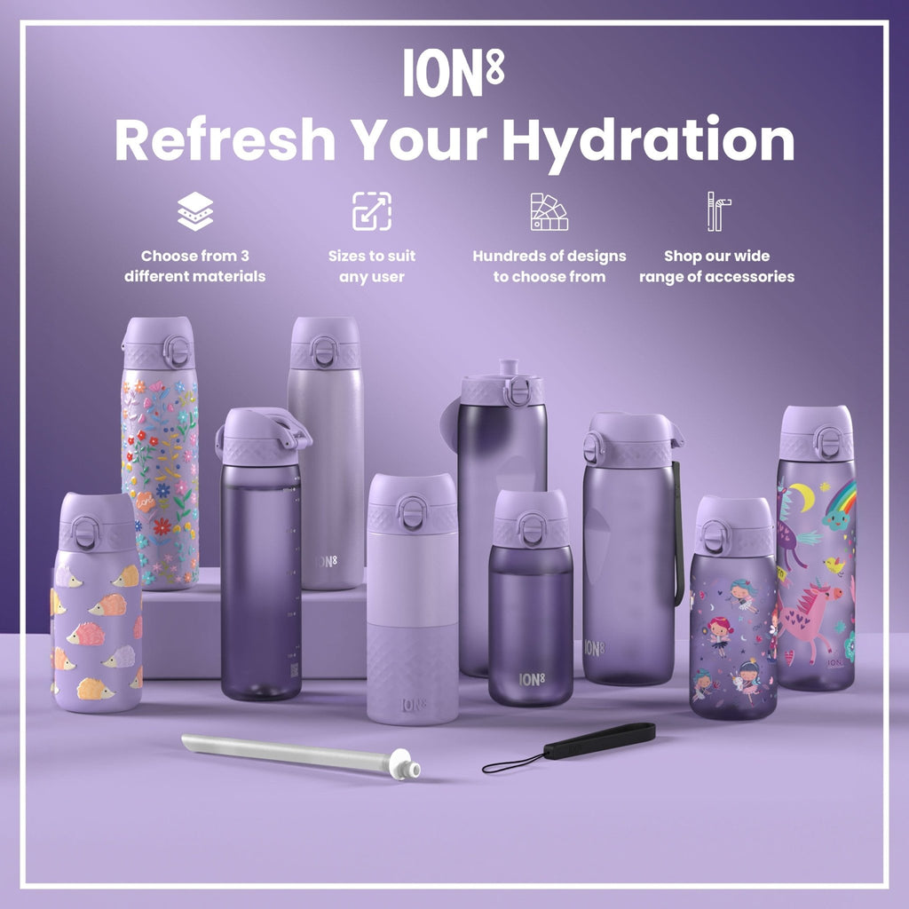 Light purple ION8 stainless steel water bottle with leak-proof 1-liter capacity, designed for durable hydration on the go.
