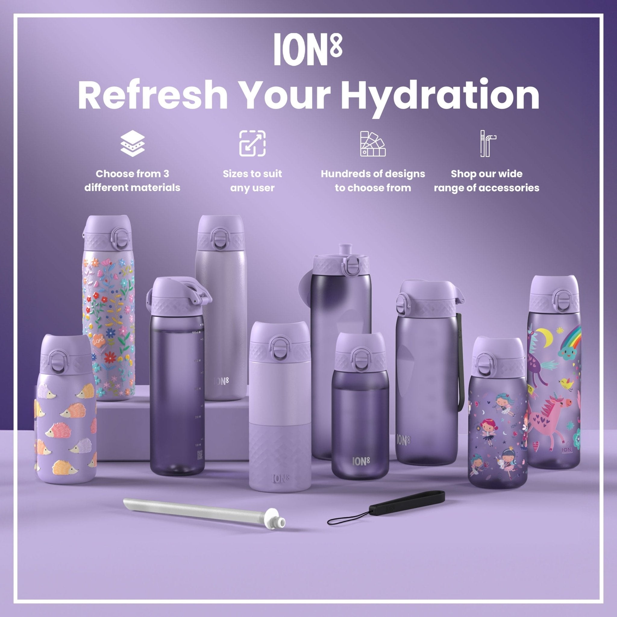 Light purple ION8 stainless steel water bottle with leak-proof 1-liter capacity, designed for durable hydration on the go.