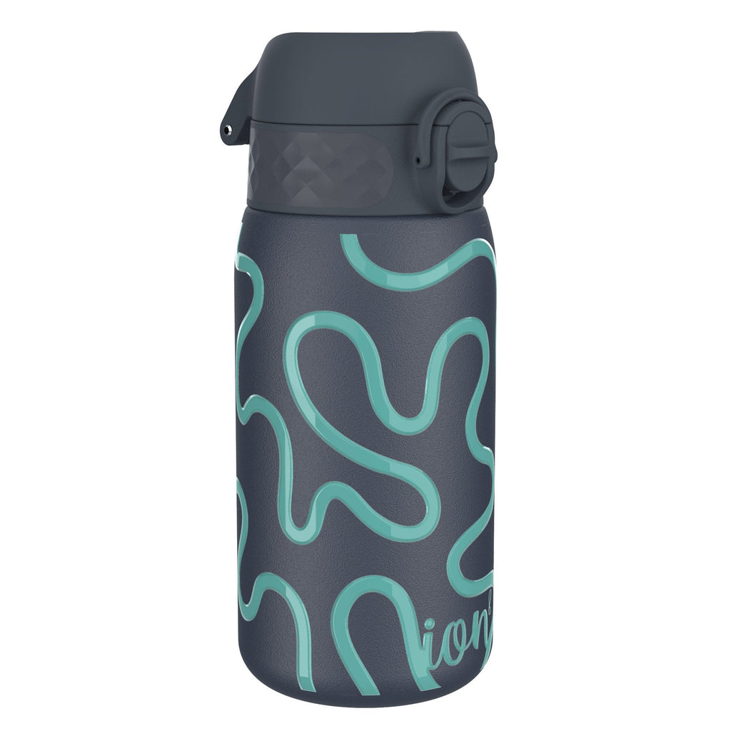 ION8 insulated steel water bottle with leak-proof design, 320ml capacity, featuring a squiggly line pattern and thermal insulation.