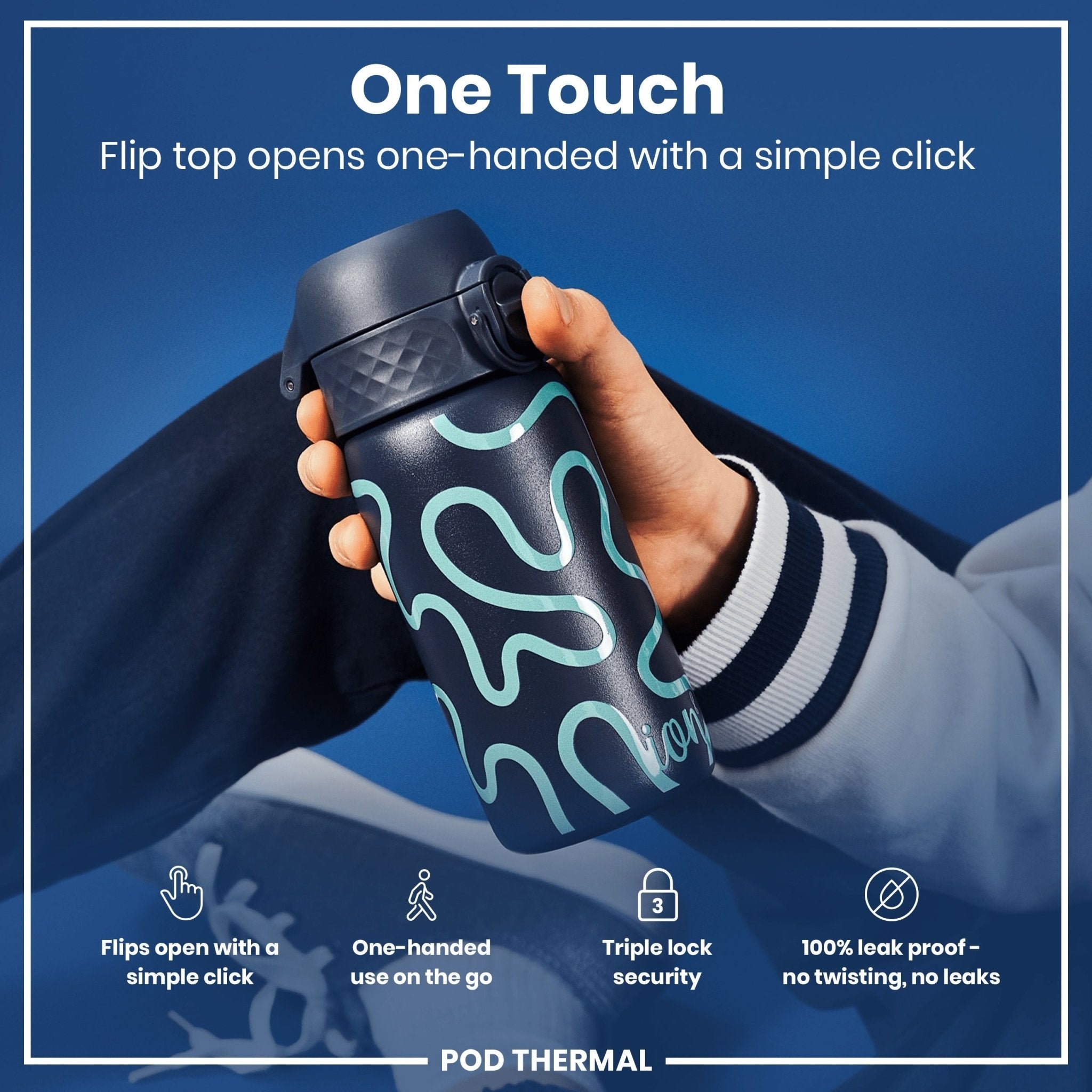 ION8 leak-proof thermal steel water bottle with squiggly line design, 320ml insulated water bottle, keeps drinks hot or cold