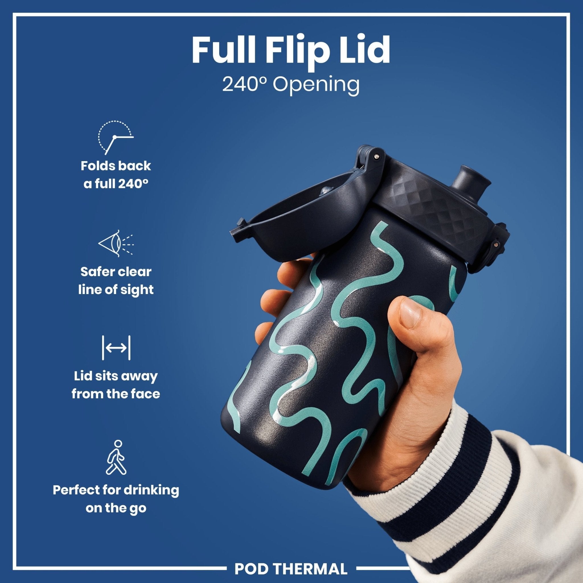 ION8 insulated steel water bottle with leak-proof design and squiggly line pattern, 320ml (11oz) thermal water bottle.