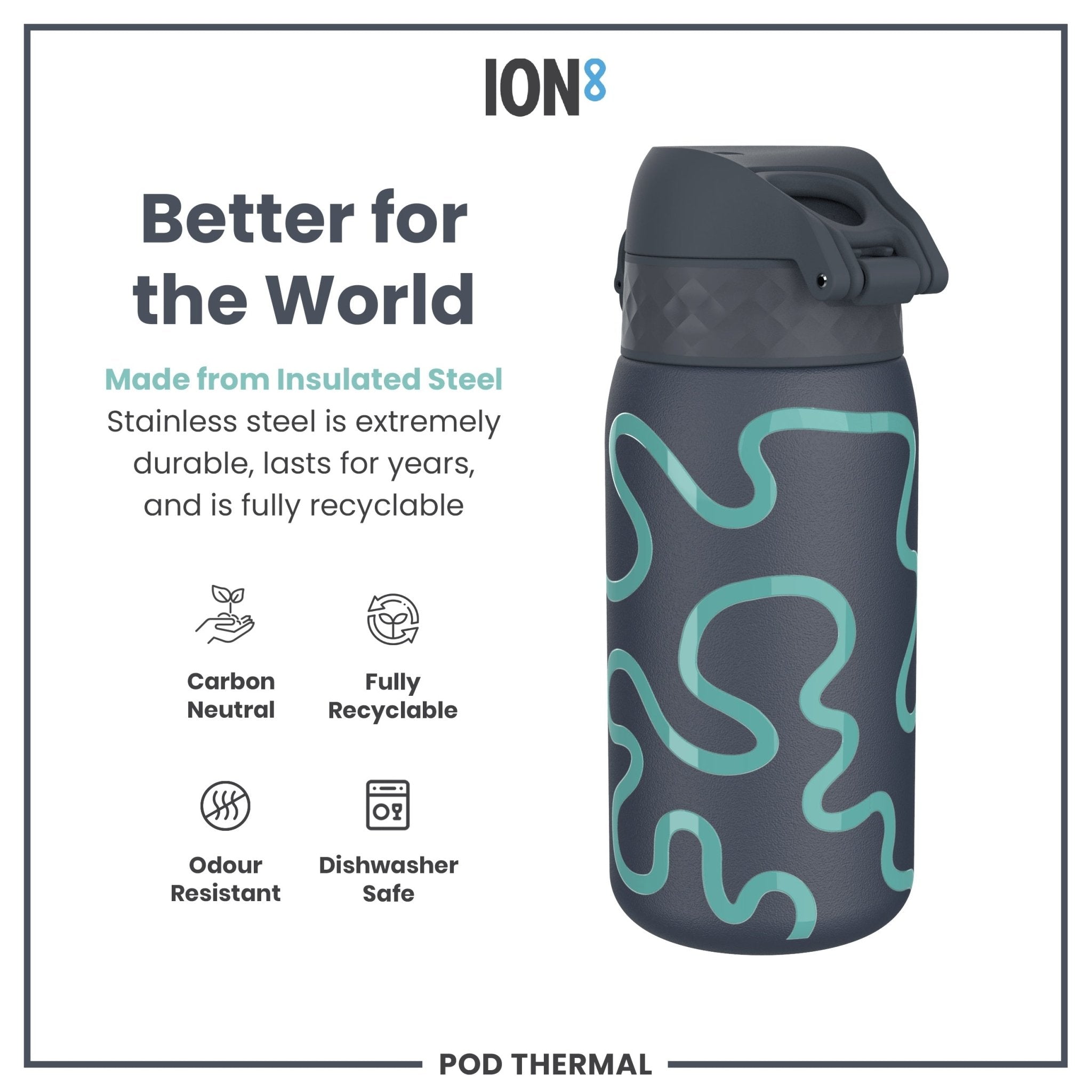 ION8 leak-proof thermal steel water bottle with squiggly line design, insulated 320ml (11oz) for hot and cold beverages.