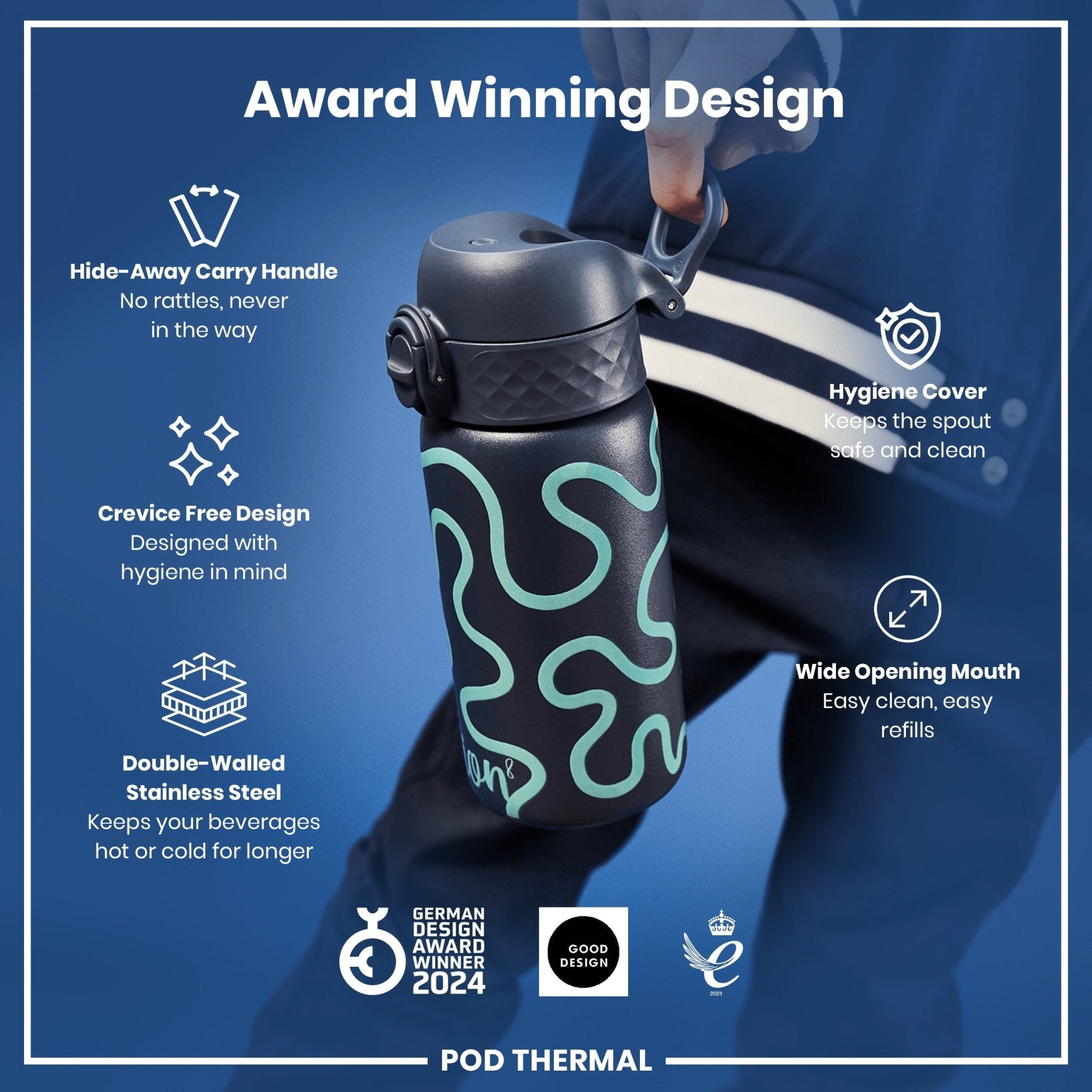 Ion8 leak-proof thermal steel water bottle with squiggly line design, insulated 320ml (11oz) for hot and cold drinks.