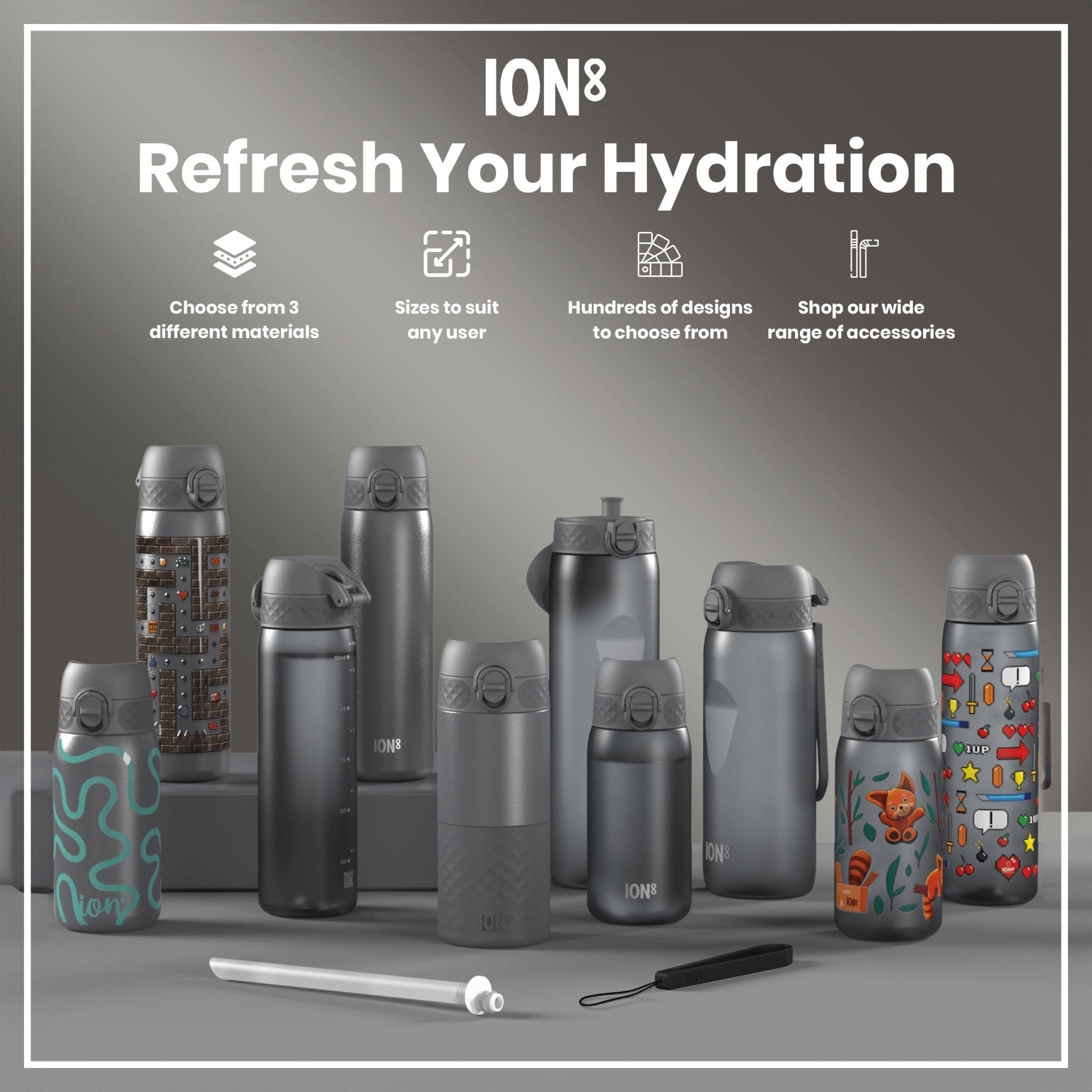 ION8 leak-proof thermal steel water bottle with squiggly line design, 320ml insulated drink container shown from side view.
