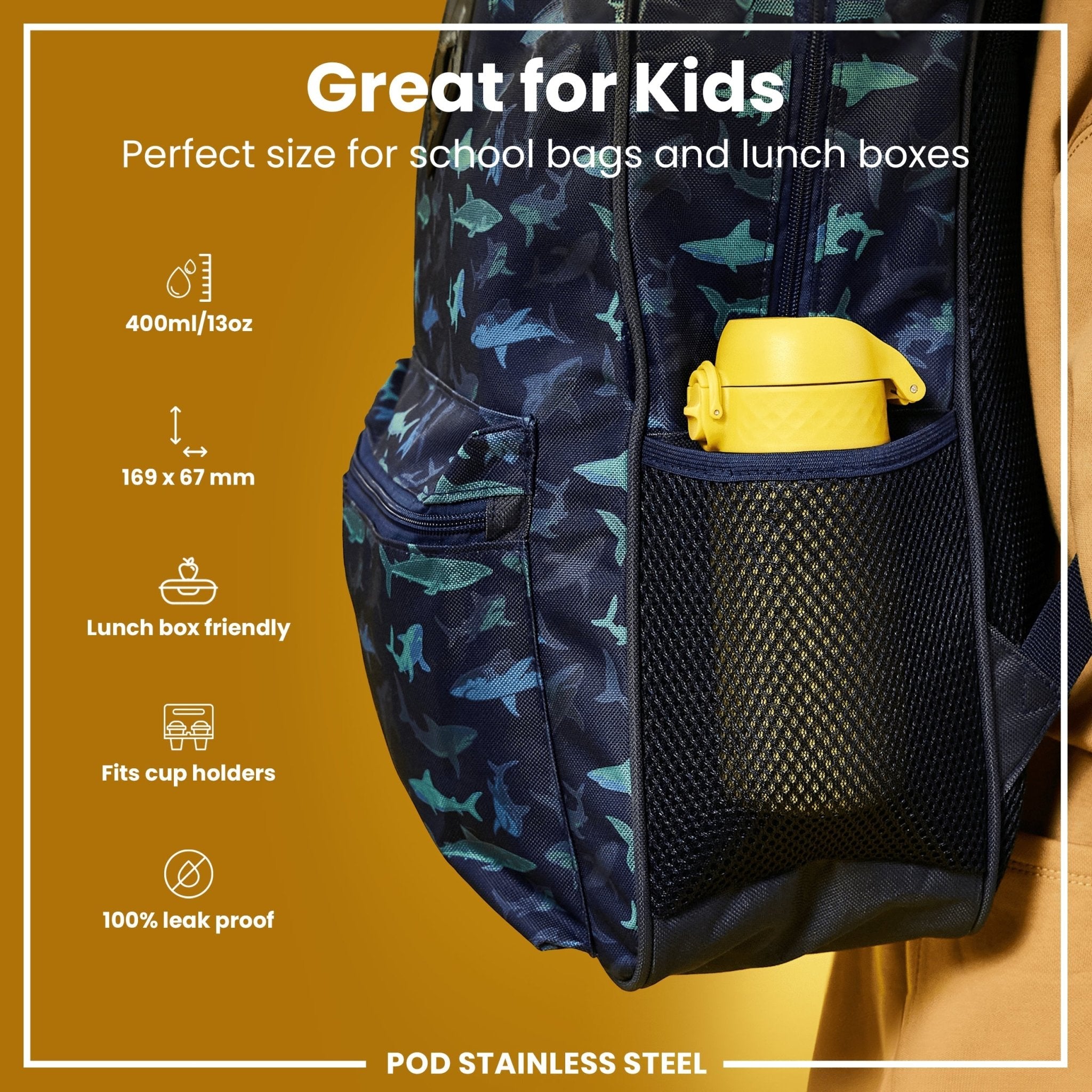 Yellow stainless steel leak-proof kids water bottle by ION8, 400ml capacity, showing the bottle with a secure lid and kid-friendly design.