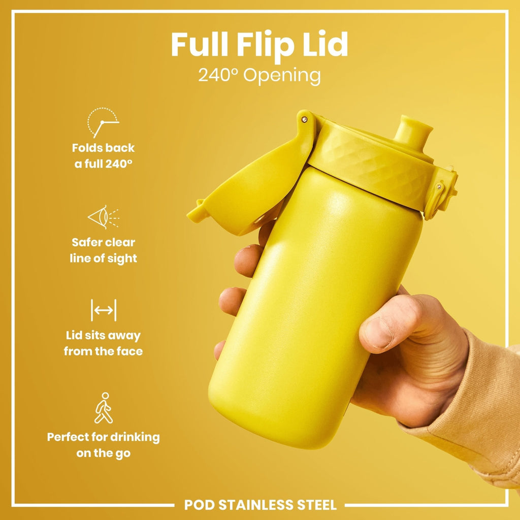 Yellow stainless steel leak-proof kids water bottle from ION8, 400ml (13oz) with secure lid and durable design.