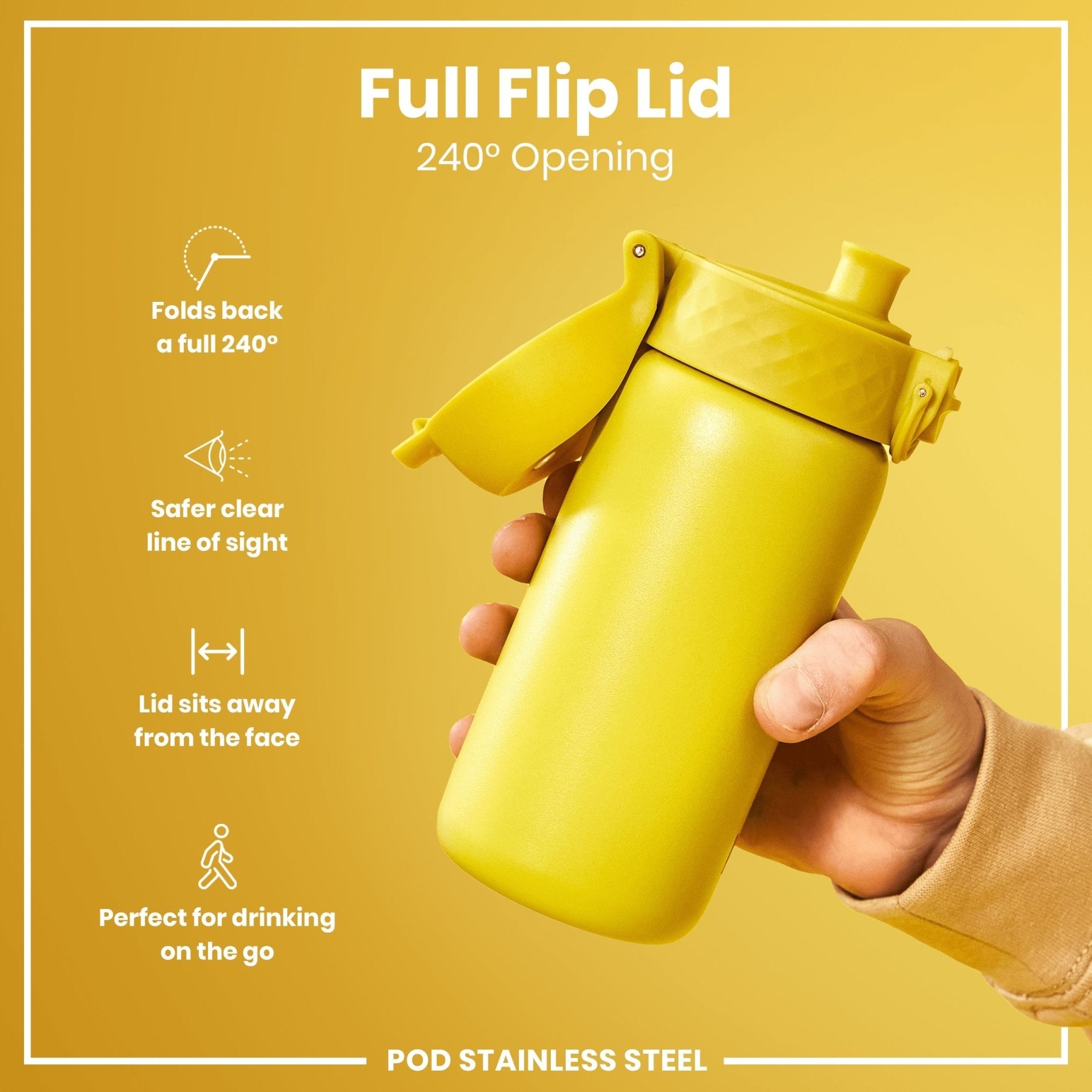 Yellow stainless steel leak-proof kids water bottle from ION8, 400ml (13oz) with secure lid and durable design.