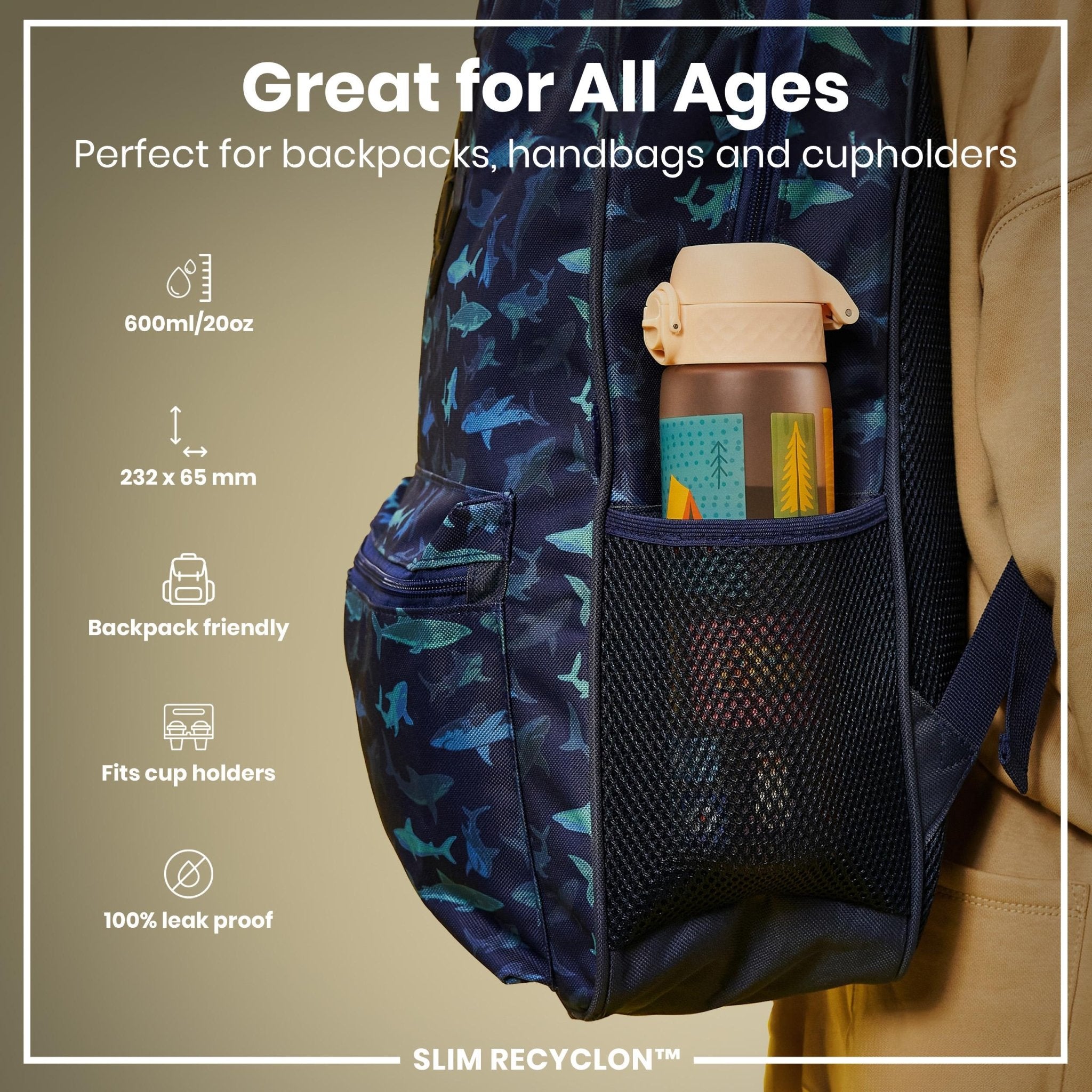 Recyclon Leak Proof Slim Water Bottle by ION8, 500ml (18oz), portable camping water bottle, blue with secure lid and sleek design.