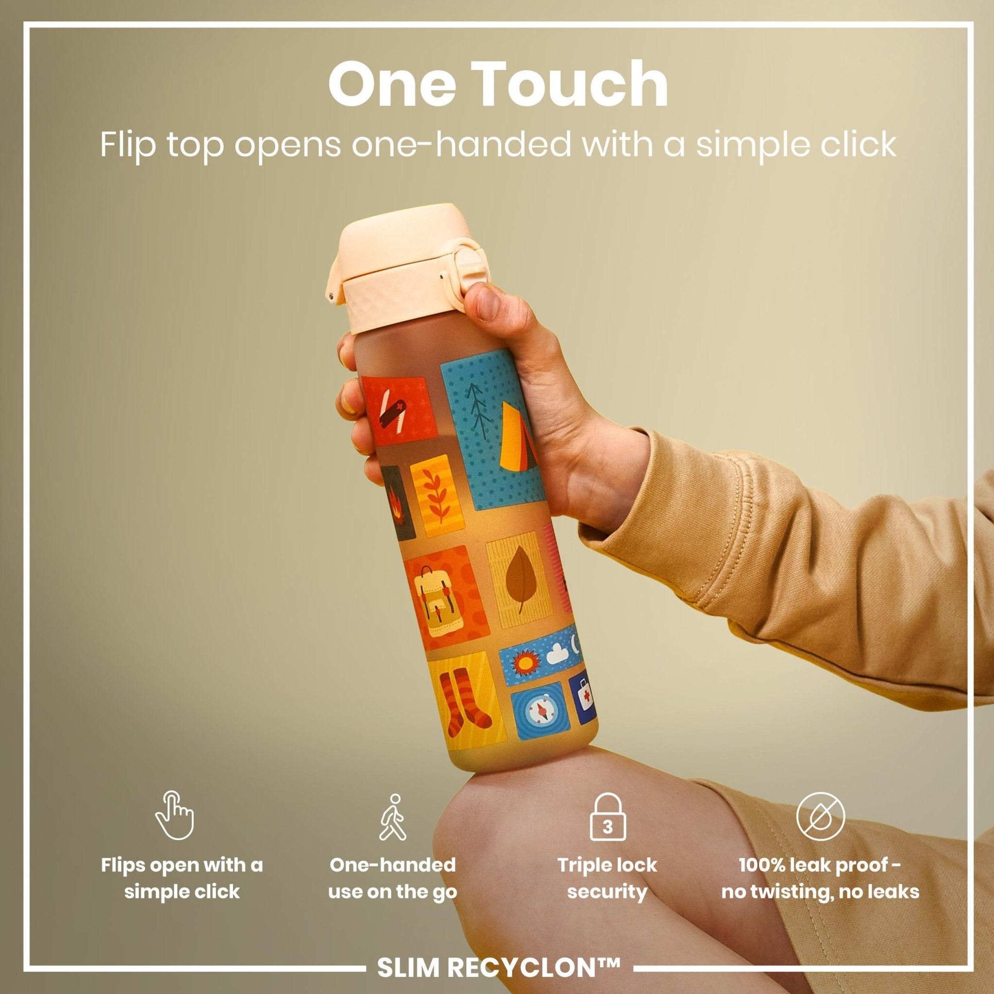 ION8 Recyclon leak-proof slim water bottle, 500ml, camping, recyclable plastic, with a clear view of the bottle's sleek design.