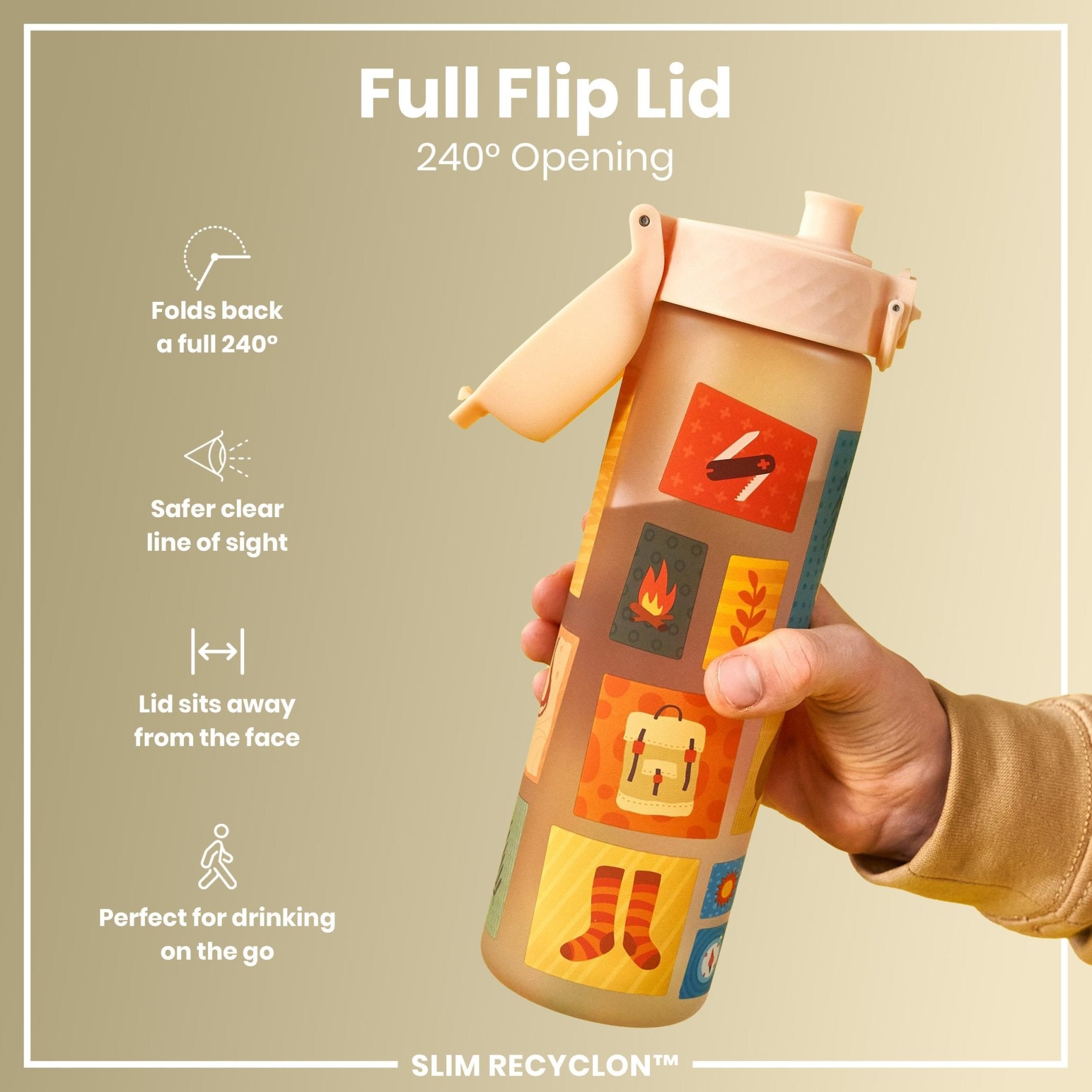 Ion8 leak-proof slim water bottle in 500ml capacity, recyclable design, ideal for camping, with a sleek, modern appearance.