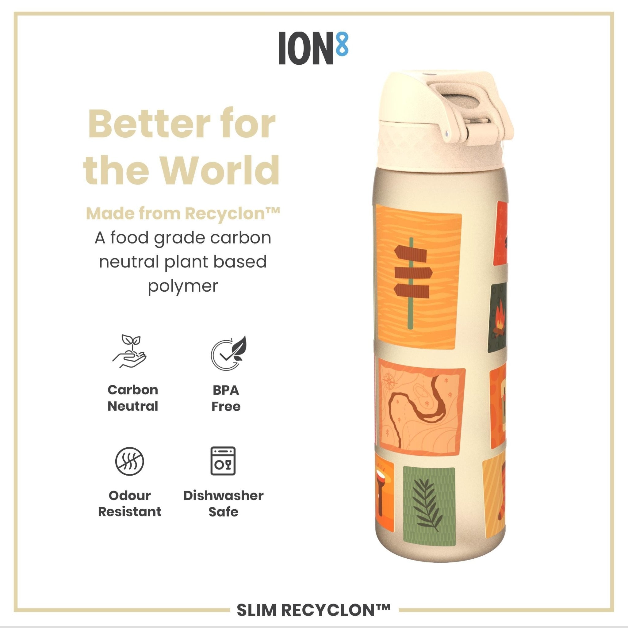 Ion8 Leak Proof Slim Water Bottle, 500ml, recyclable camping water bottle with a sleek design and secure lid.