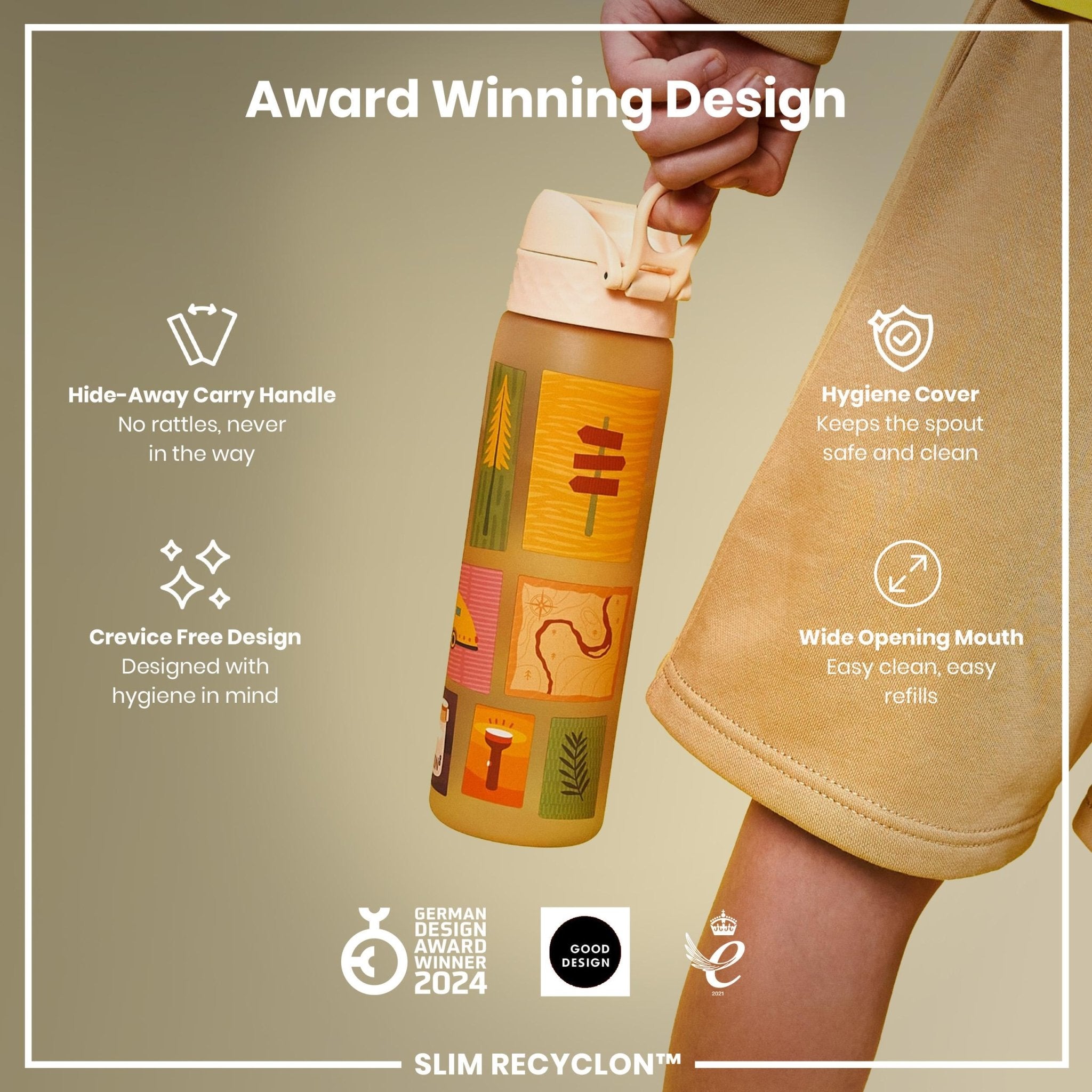 Ion8 Leak Proof Slim Water Bottle, 500ml recyclable camping water bottle with a sleek design and secure lid.
