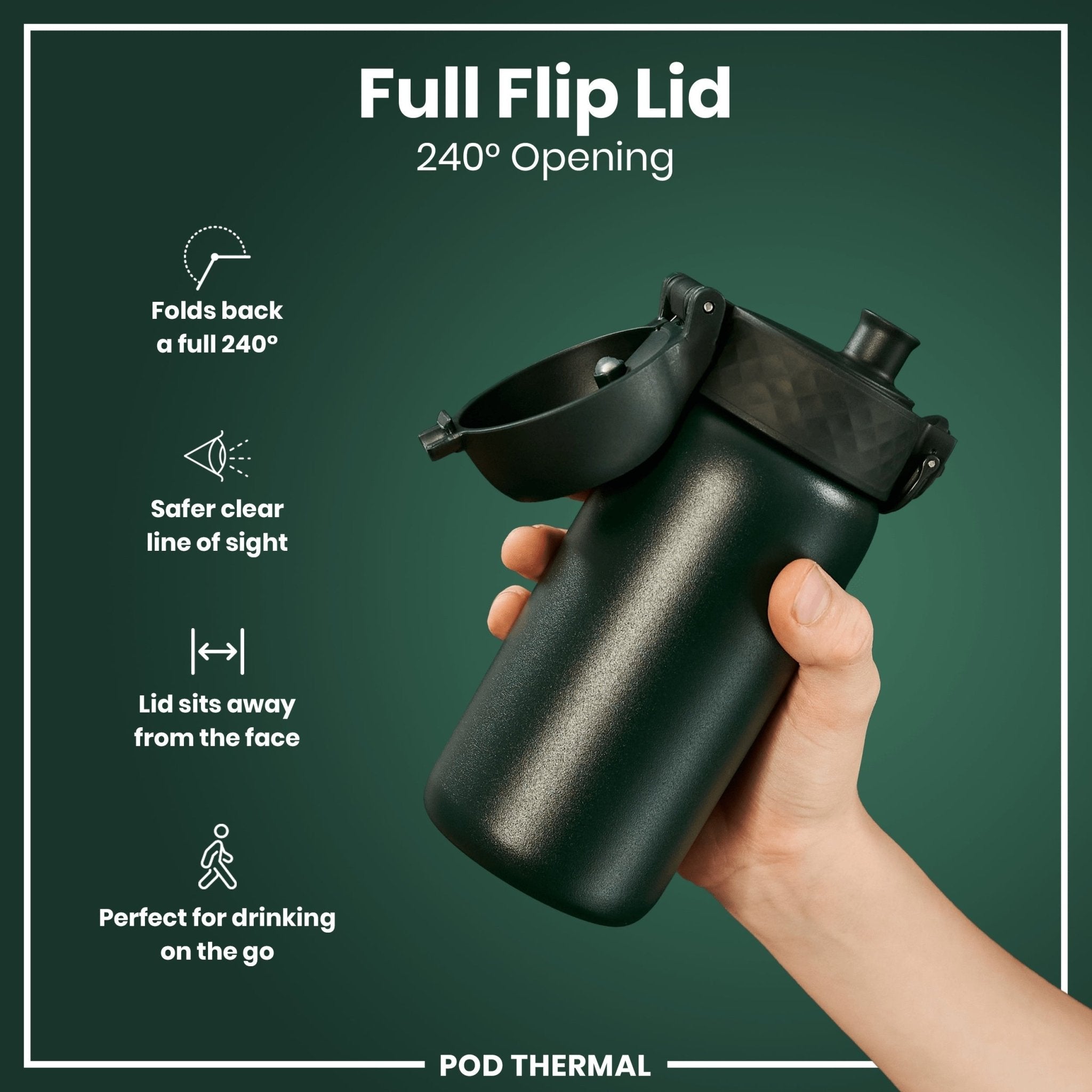 Dark green ION8 insulated steel water bottle, leak-proof thermal design, 320ml capacity, suitable for hot and cold beverages.