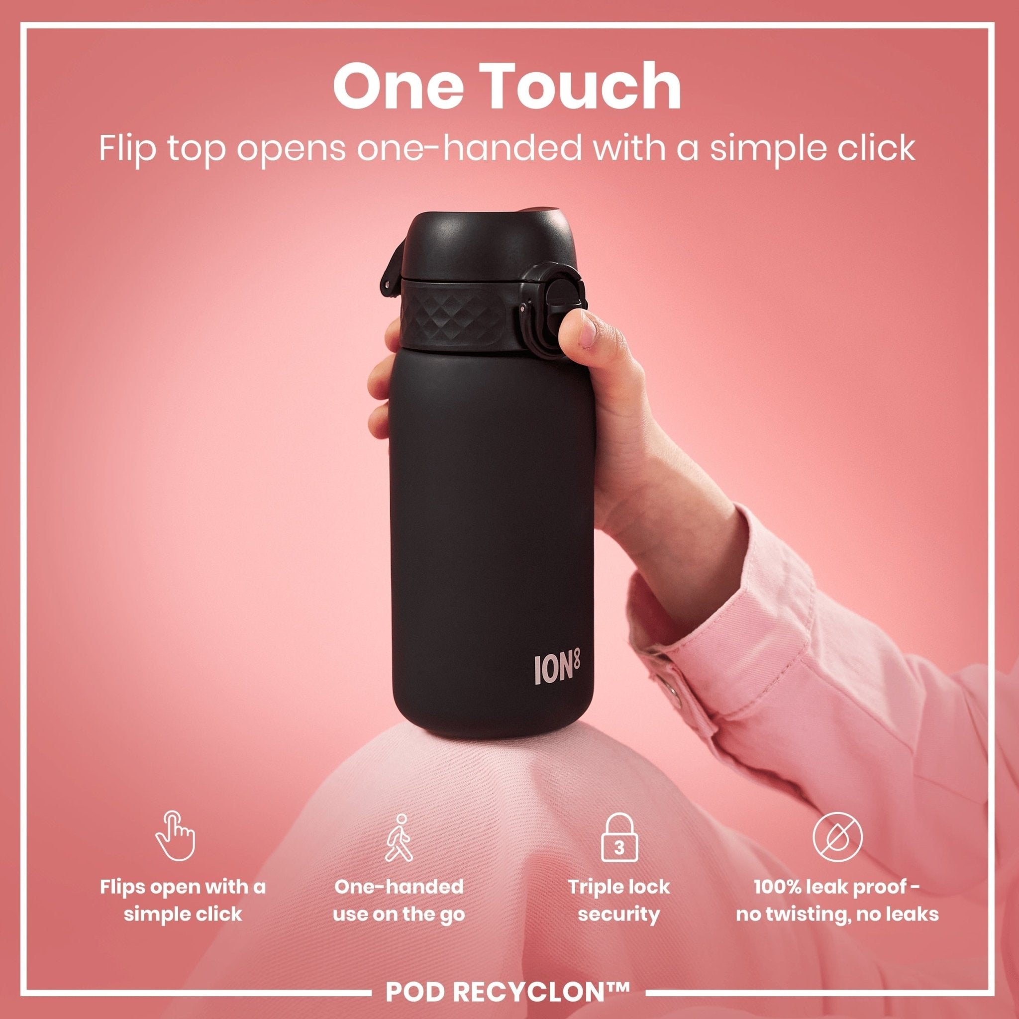 Black ION8 Recyclon leak-proof water bottle with straw, 350ml (12oz), made of recyclable material, shown with a secure lid and straw.