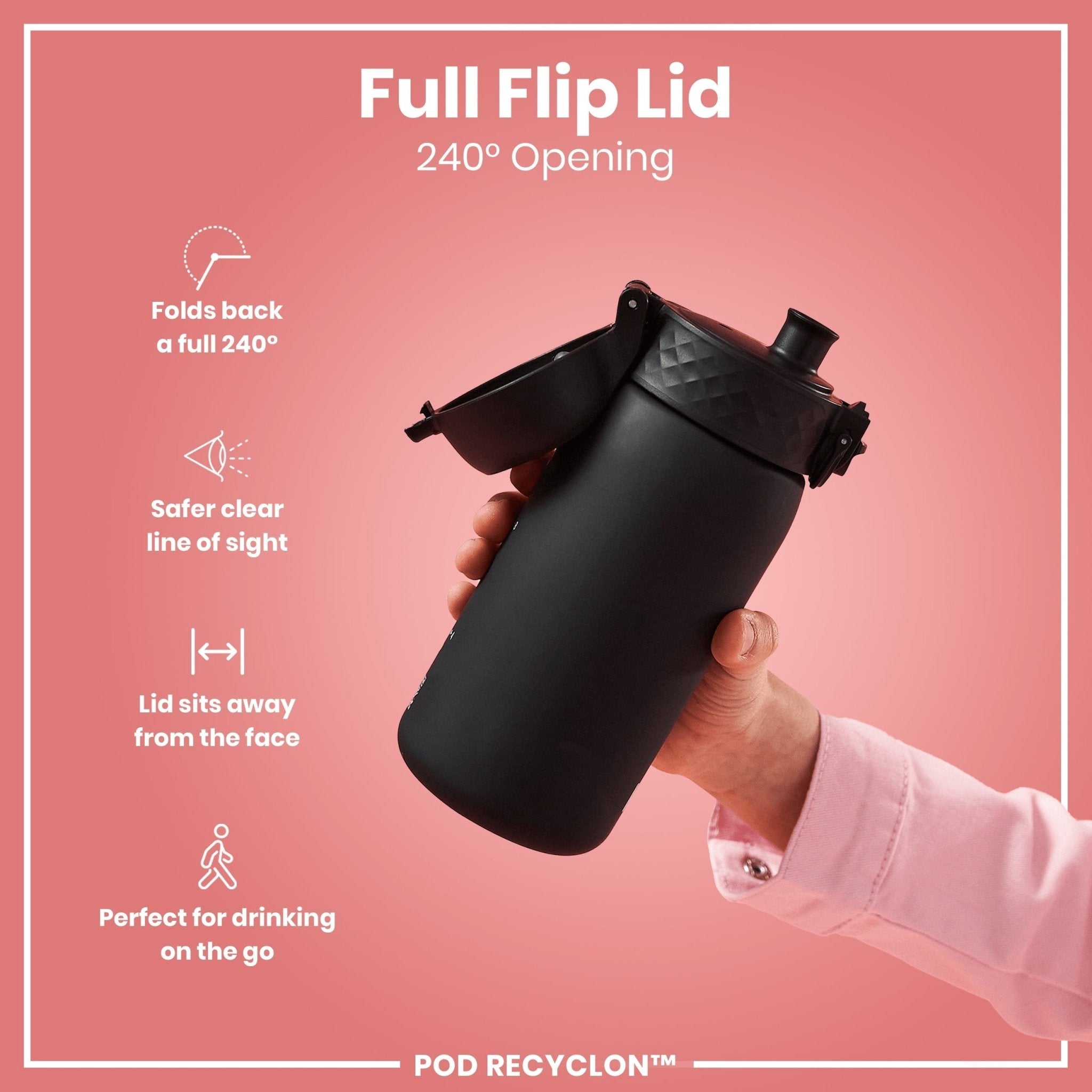 Black ION8 Recyclon leak-proof small water bottle with straw, 350ml (12oz), made of recyclable materials.