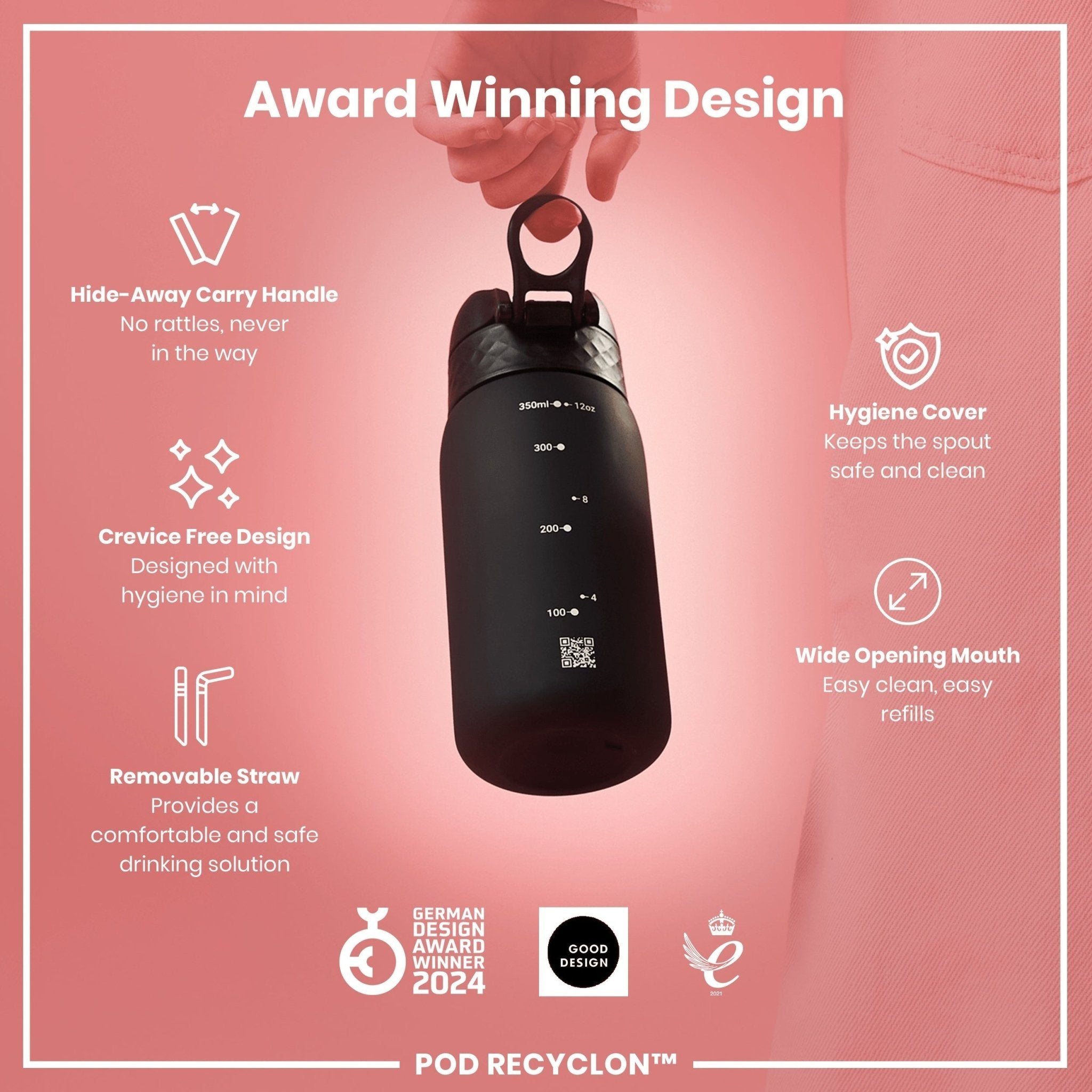 Black ION8 Recyclon leak-proof small water bottle with straw, 350ml (12oz), made from recycled materials, shown with lid and straw.