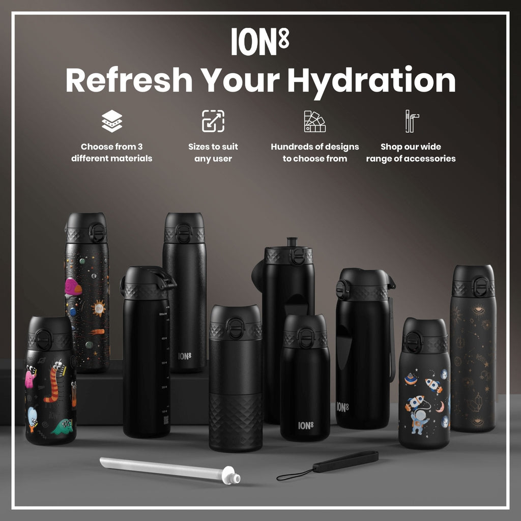 ION8 Recyclon leak-proof small water bottle with straw, black 350ml (12oz), durable and portable for hydration.