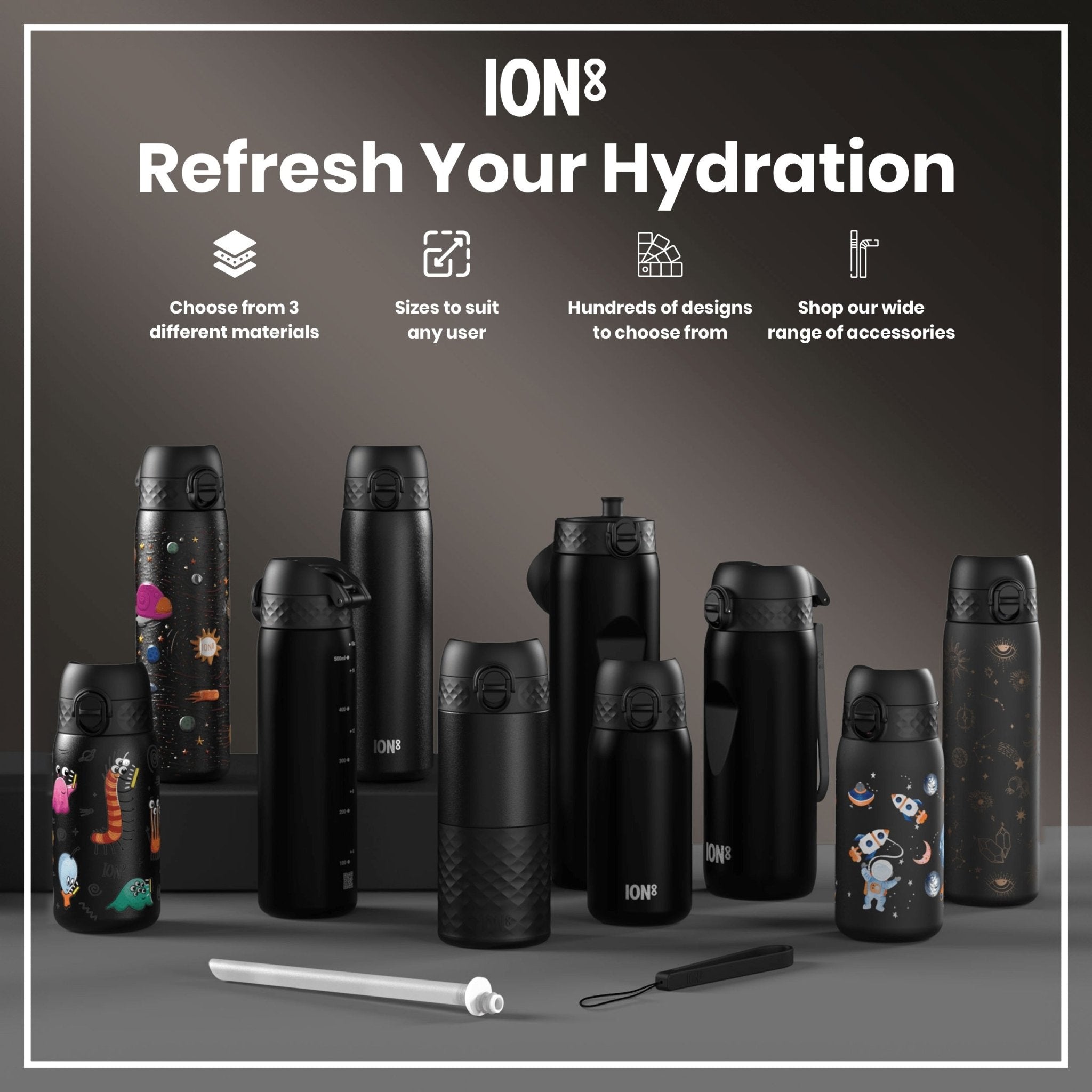 ION8 Recyclon leak-proof small water bottle with straw, black 350ml (12oz), durable and portable for hydration.