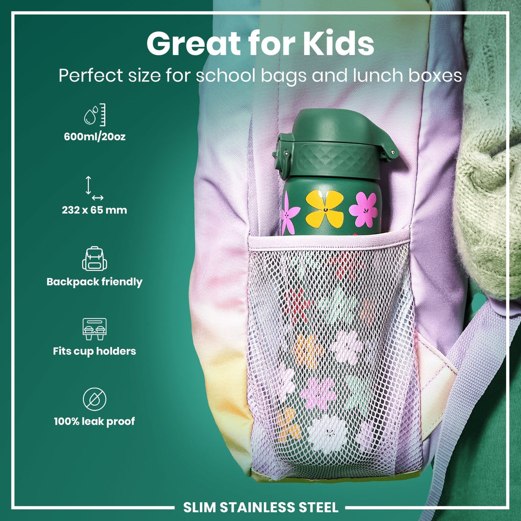 Ion8 stainless steel leak-proof water bottle with floral design, 600ml (20oz) slim water bottle for hydration on the go