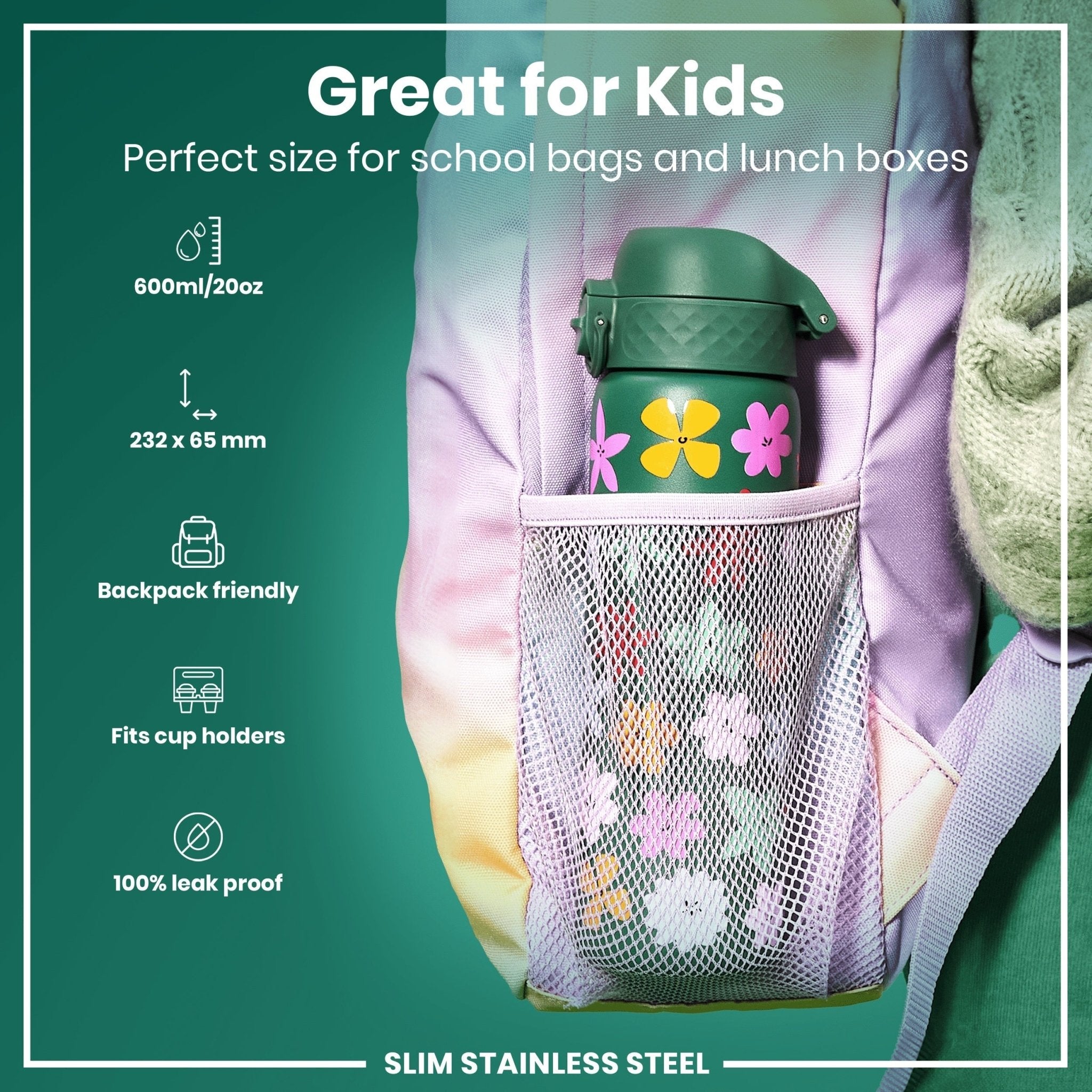 Ion8 stainless steel leak-proof water bottle with floral design, 600ml (20oz) slim water bottle for hydration on the go