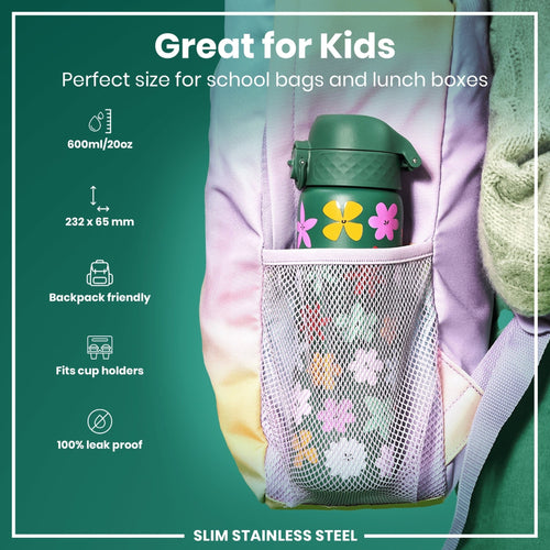 Ion8 stainless steel leak-proof water bottle with floral design, 600ml (20oz) slim water bottle for hydration on the go
