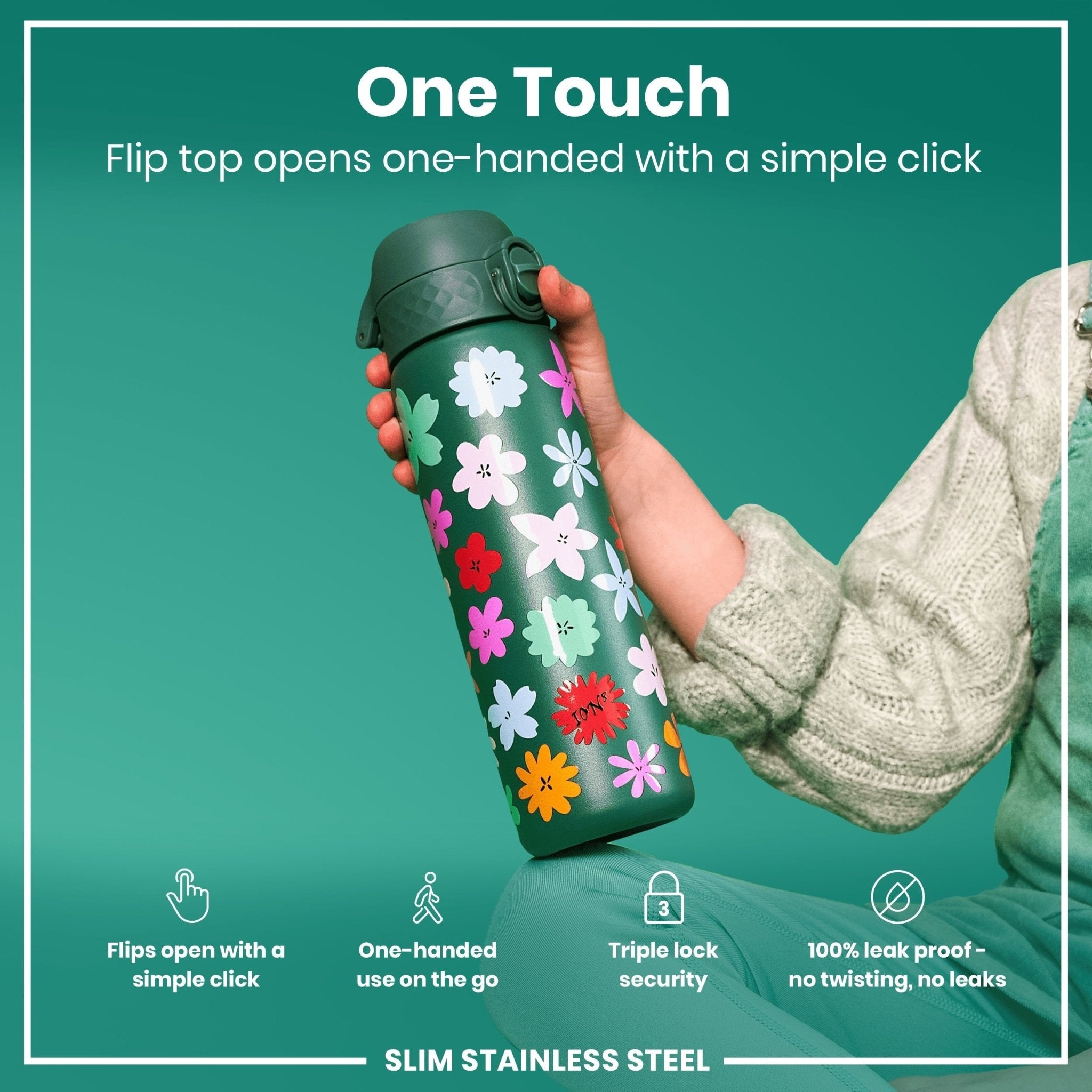 ION8 leak-proof stainless steel water bottle with floral design, 600ml capacity, slim and portable for everyday hydration.