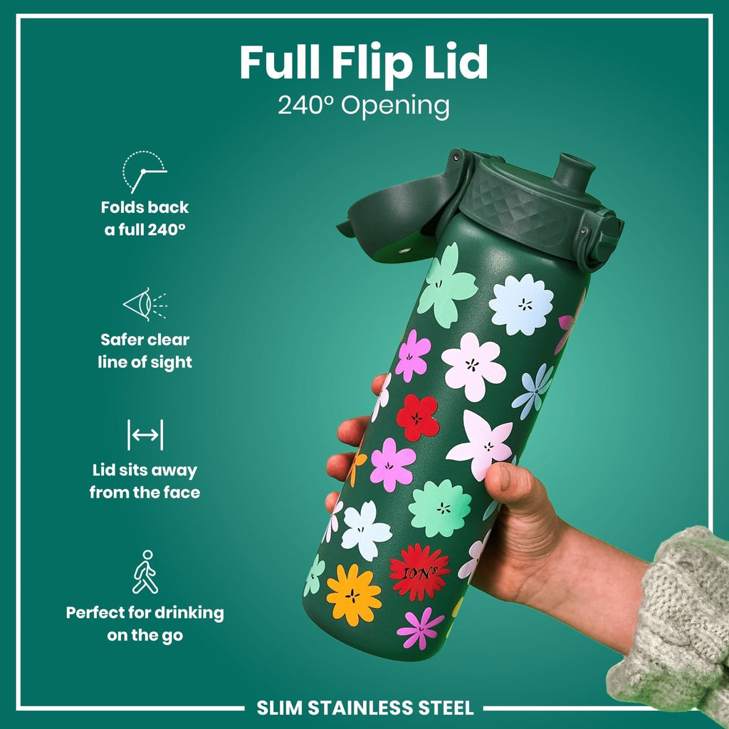Ion8 stainless steel leak-proof slim water bottle with floral design, 600ml capacity, ideal for staying hydrated on the go.
