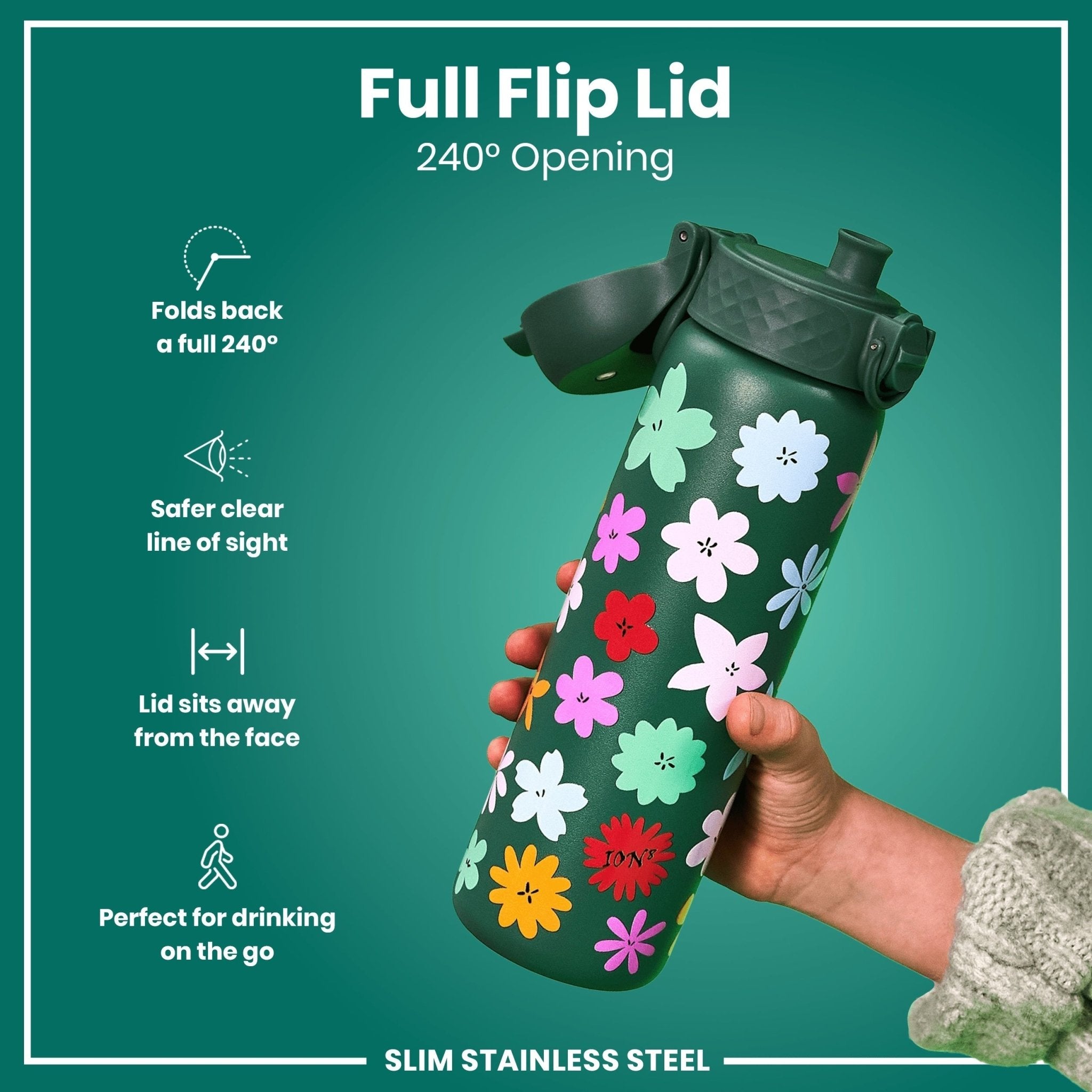 Ion8 stainless steel leak-proof slim water bottle with floral design, 600ml capacity, ideal for staying hydrated on the go.