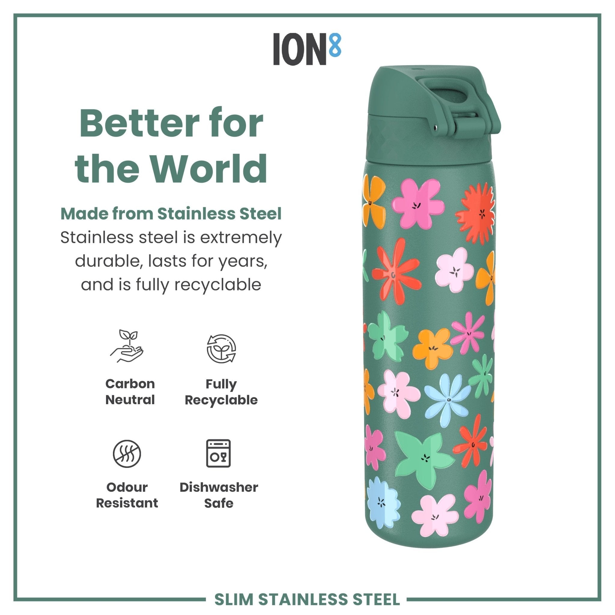 ION8 stainless steel water bottle with floral design, leak-proof slim 600ml (20oz) steel water bottle for hydration on the go.