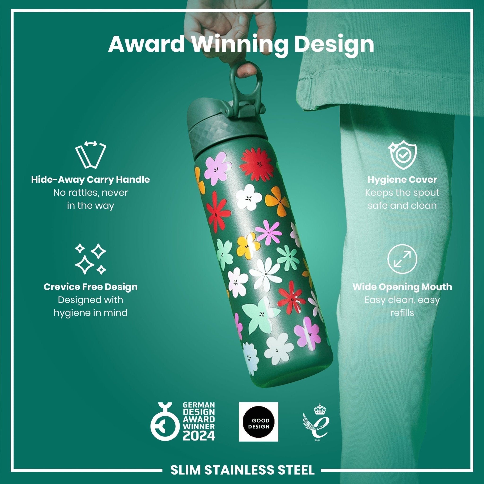 Ion8 leak-proof stainless steel water bottle with floral design, 600ml (20oz) slim water bottle for hydration.