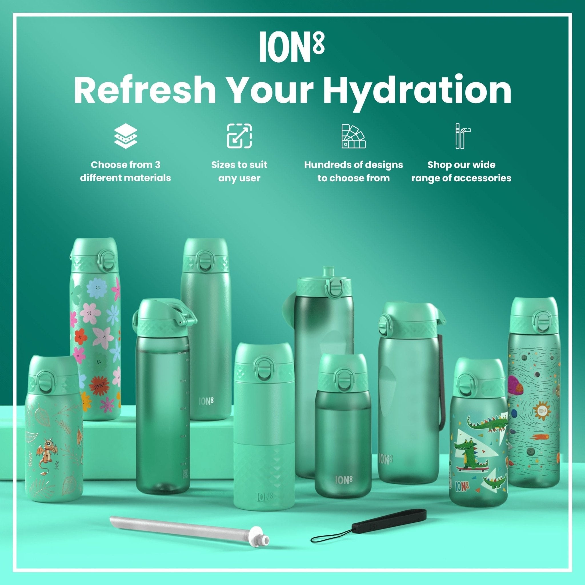 ION8 stainless steel leak-proof water bottle with floral design, 600ml (20oz) slim water bottle for hydration.