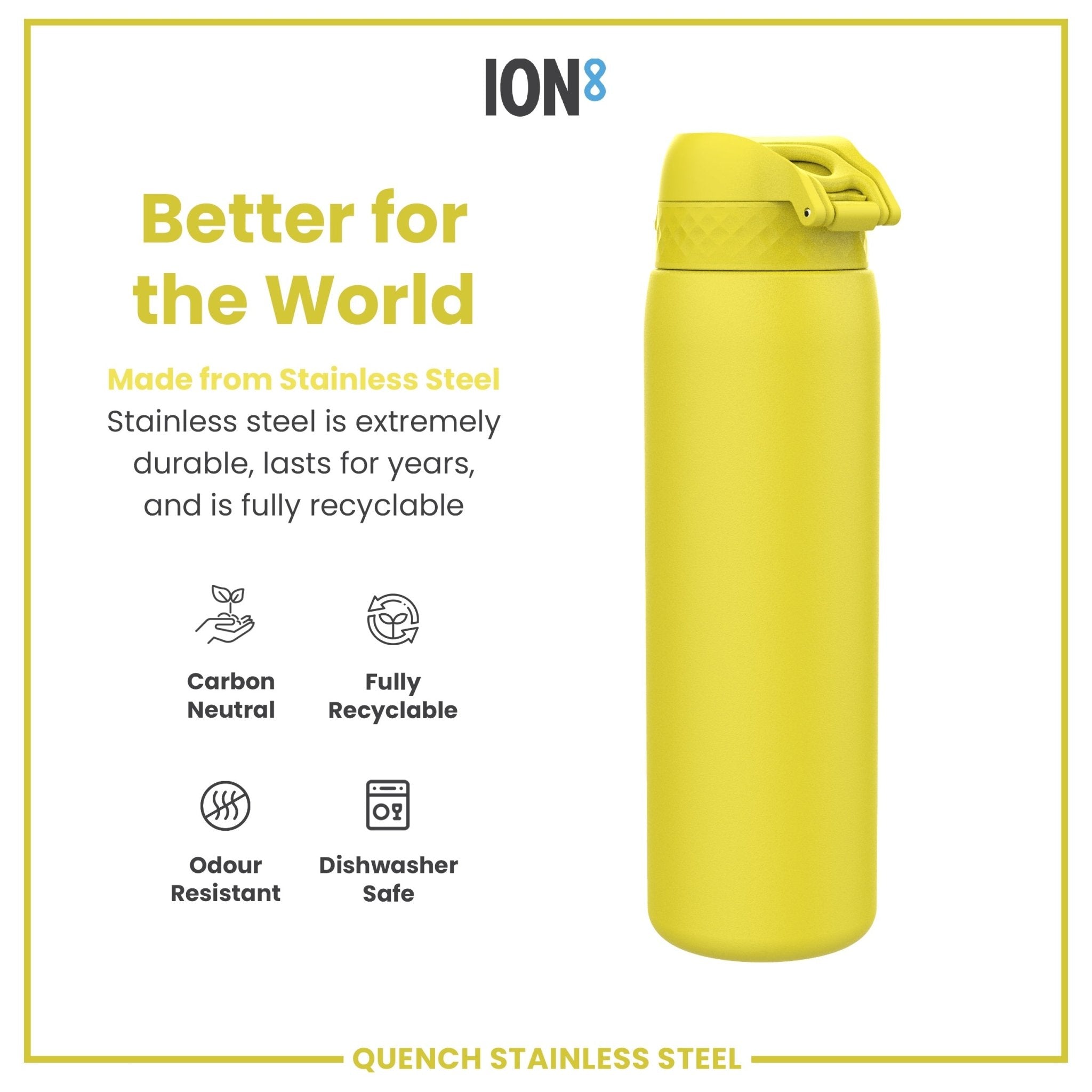 Yellow stainless steel 1L water bottle from ION8, leak-proof design, durable and ideal for hydration on the go.