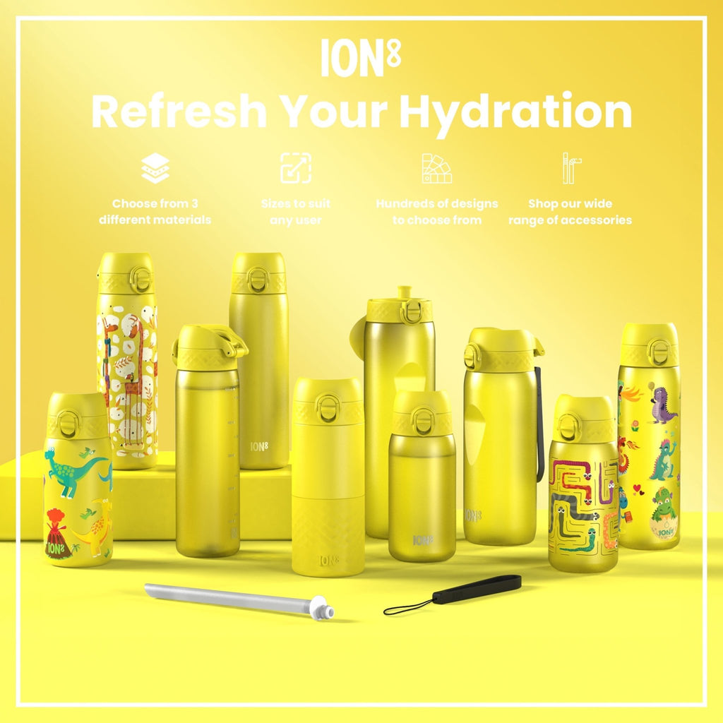 Yellow stainless steel leak-proof 1L water bottle by ION8, durable and portable for hydration on the go