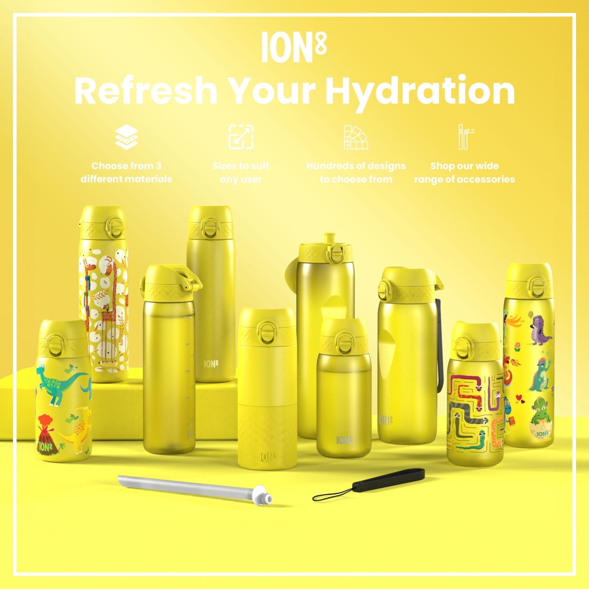 Yellow stainless steel leak-proof 1L water bottle by ION8, durable and portable for hydration on the go