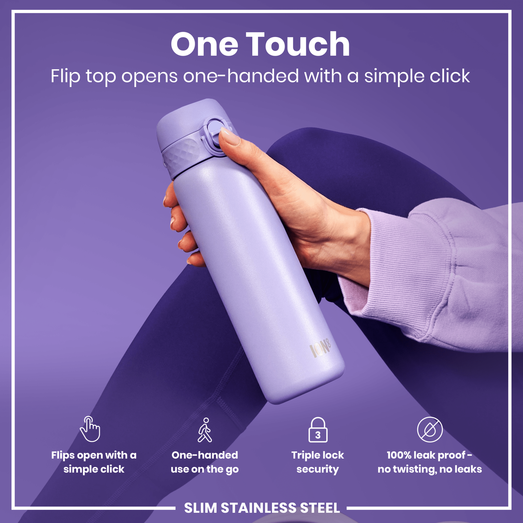 Ion8 leak-proof slim stainless steel water bottle in light purple, 600ml (20oz), with a sleek design and secure lid.
