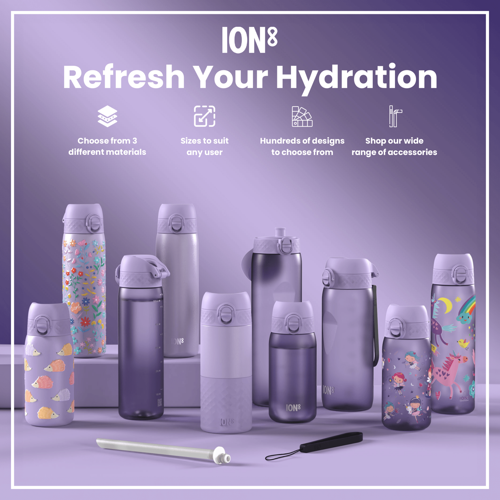 Light purple ION8 stainless steel leak-proof slim water bottle with 600ml capacity, designed for easy hydration on the go.