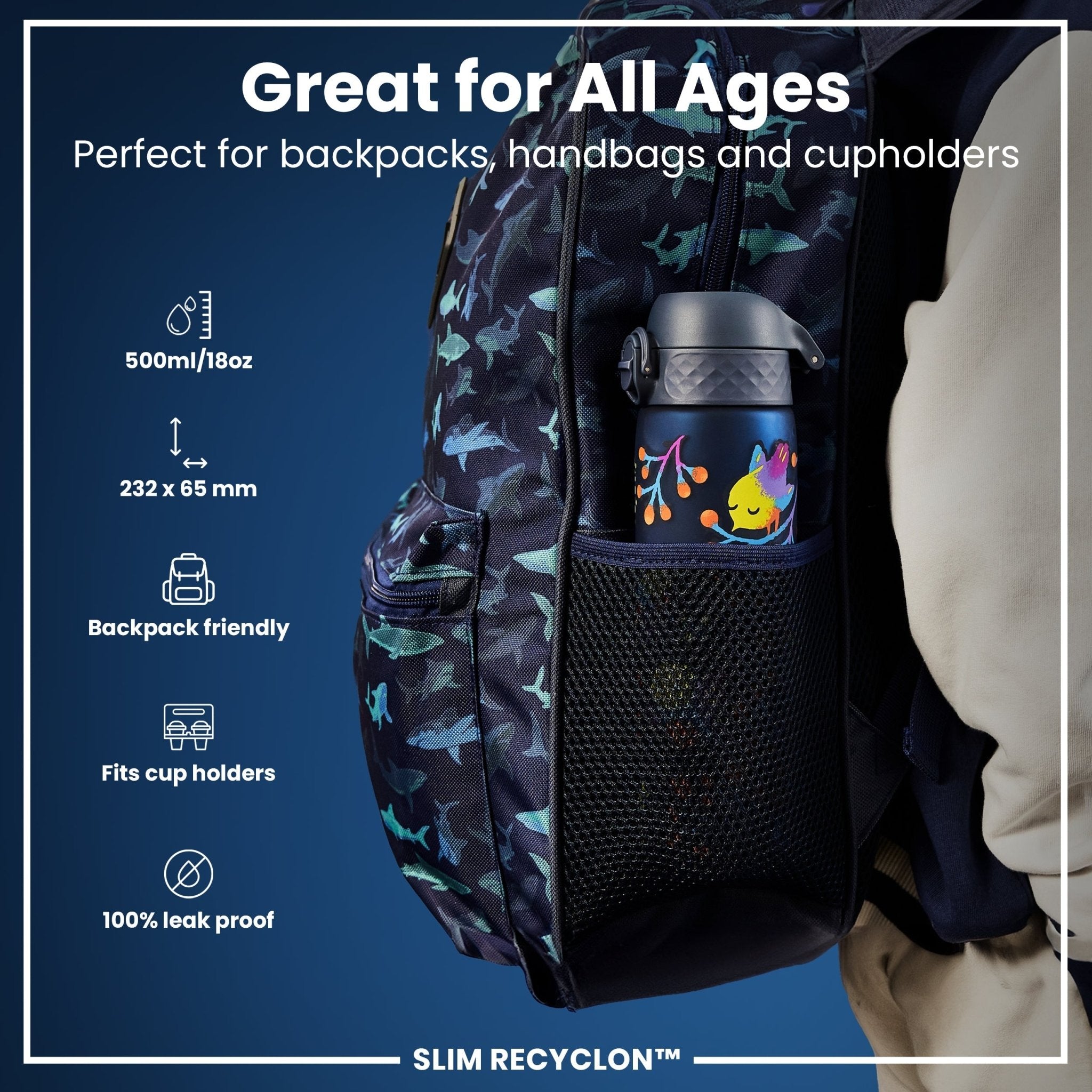 Ion8 Leak Proof Slim Water Bottle with bird design, 500ml recyclable Recyclon water bottle, showing a sleek, portable hydration container.