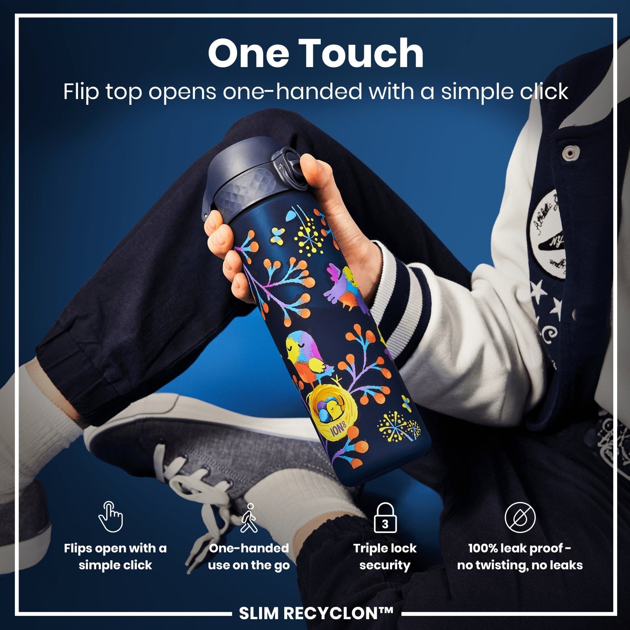ION8 Recyclon leak-proof slim water bottle with bird design, 500ml (18oz), made from recyclable materials, in a close-up shot.