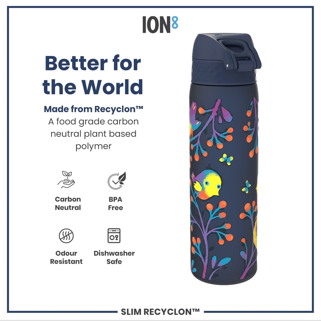 Ion8 Recyclon leak-proof slim water bottle with bird design, 500ml (18oz), made from recycled materials.