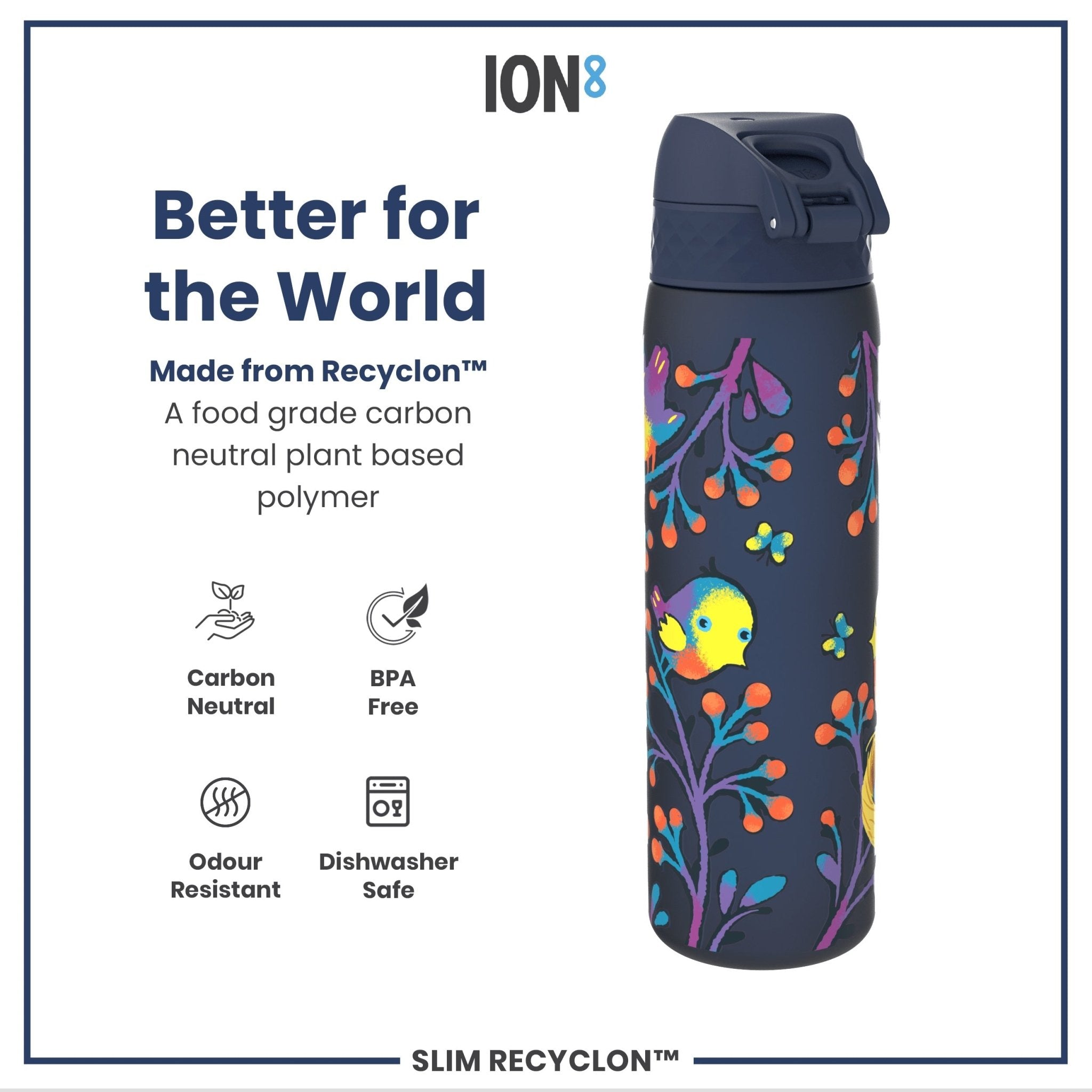 Ion8 Recyclon leak-proof slim water bottle with bird design, 500ml (18oz), made from recycled materials.