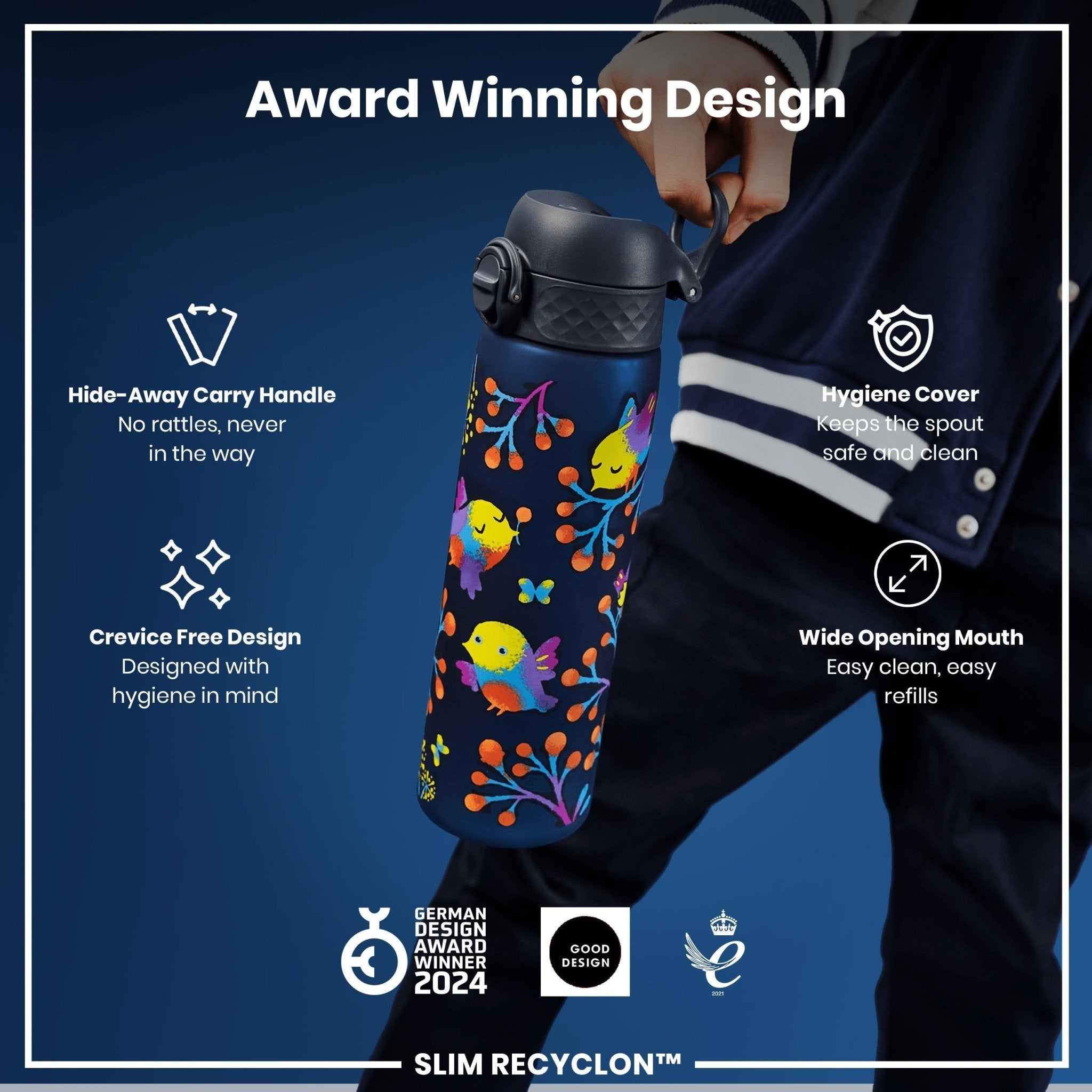 Recyclon Leak Proof Slim Water Bottle by ION8 featuring bird design, 500ml (18oz) capacity, made from recyclable materials.
