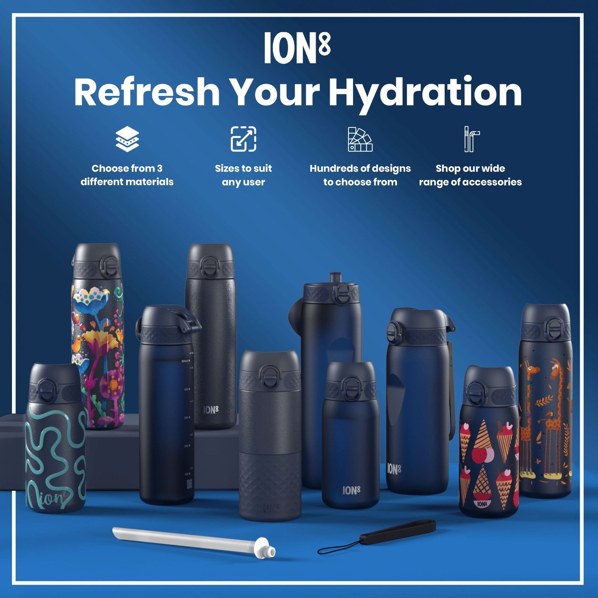 Recyclon ION8 leak-proof slim water bottle with bird design, 500ml (18oz) stainless steel reusable water bottle for hydration.