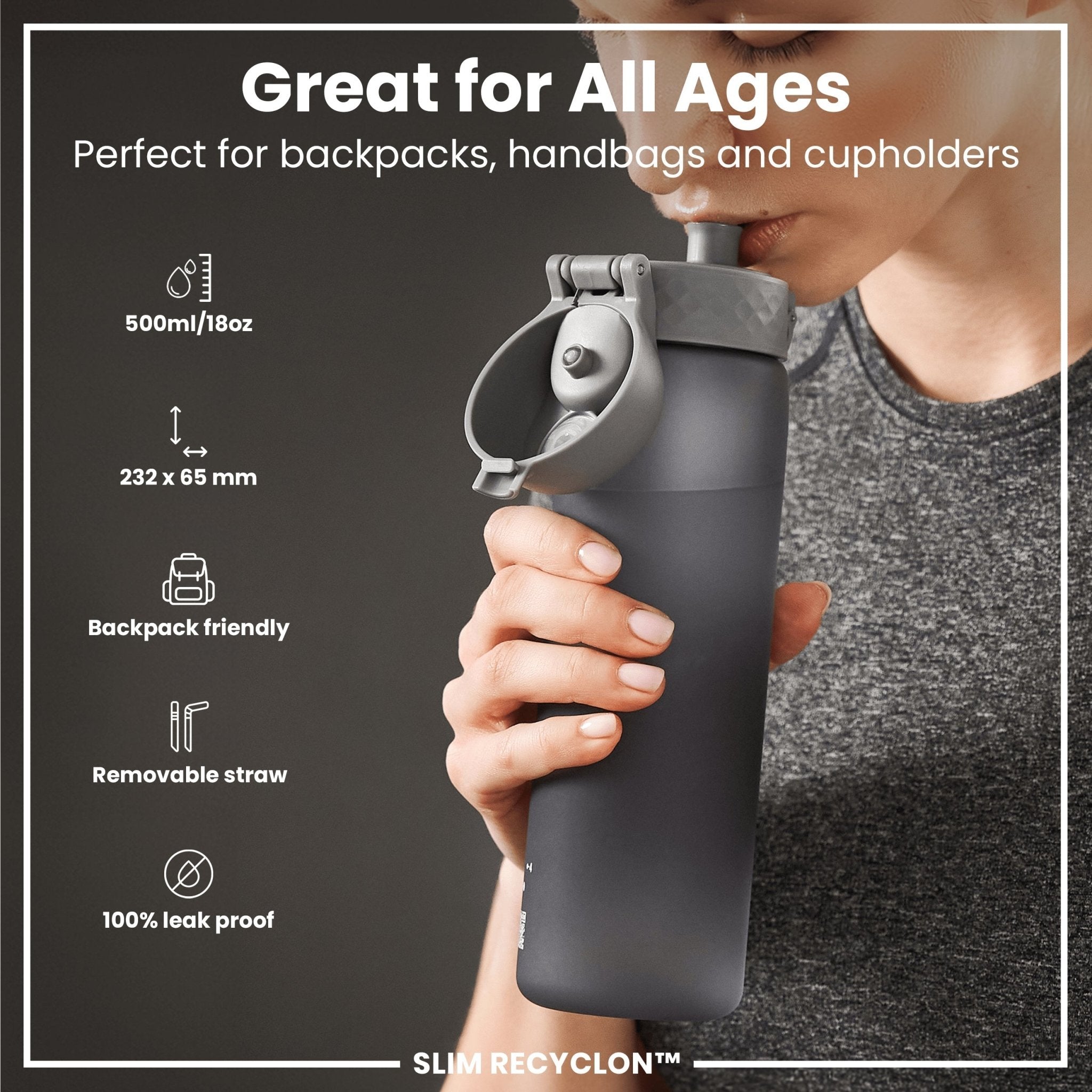 Grey ION8 Leak Proof Medium Water Bottle with Straw, 500ml (18oz), part of Recyclon water bottles collection.