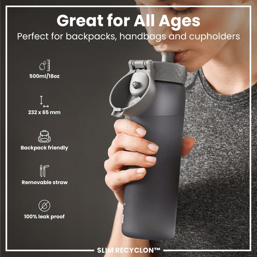 Grey ION8 Leak Proof Medium Water Bottle with Straw, 500ml (18oz), part of Recyclon water bottles collection.