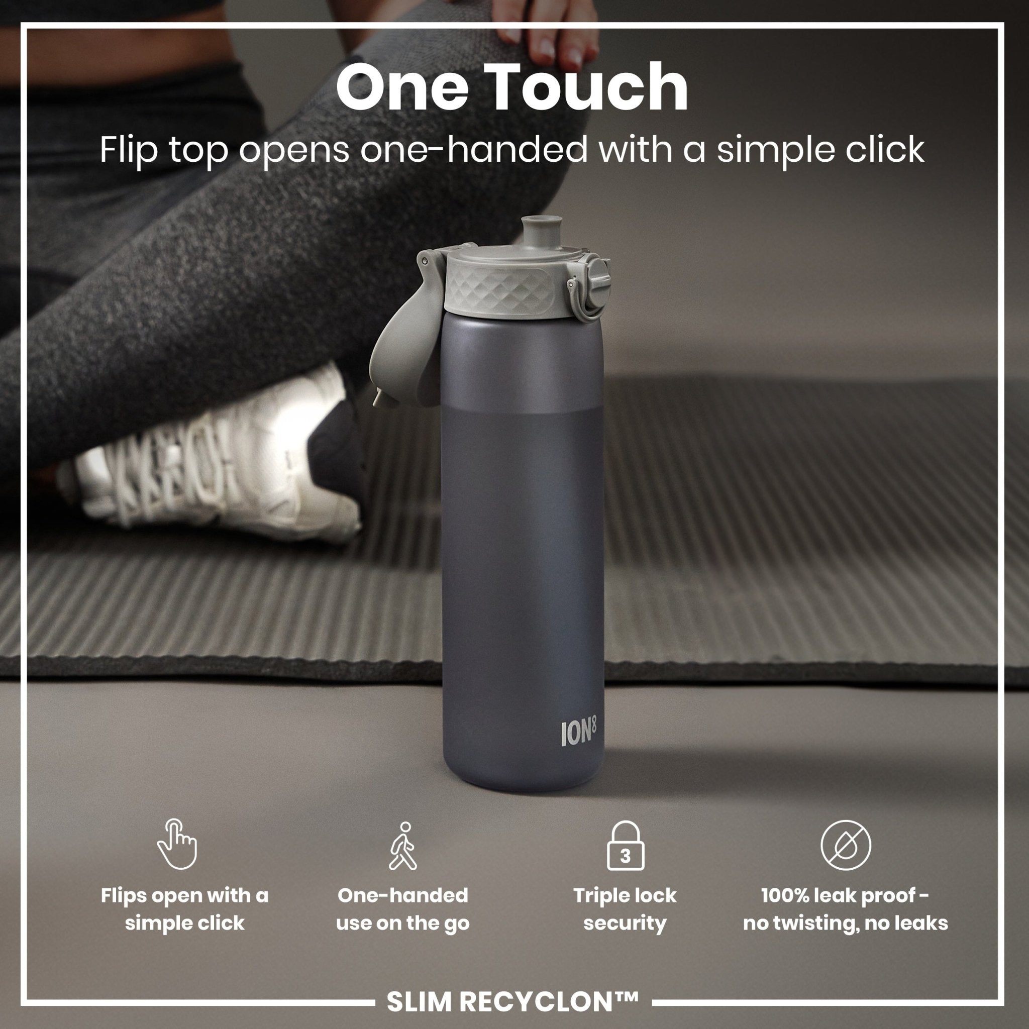 Grey ION8 Recyclon leak-proof medium water bottle with straw, 500ml (18oz), showing the bottle with straw and secure lid.