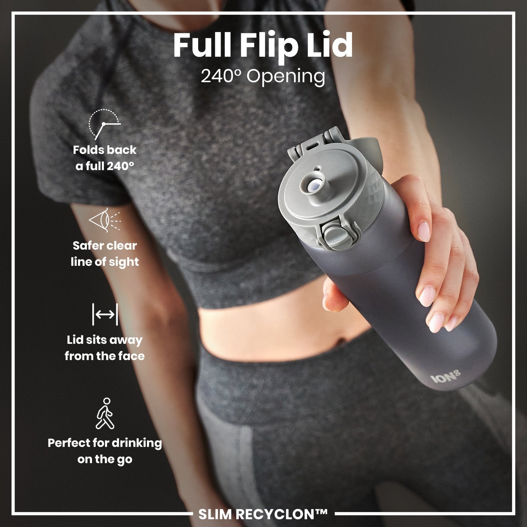Ion8 Leak Proof Medium Water Bottle with Straw in grey, 500ml (18oz), featuring a durable design and secure lid.